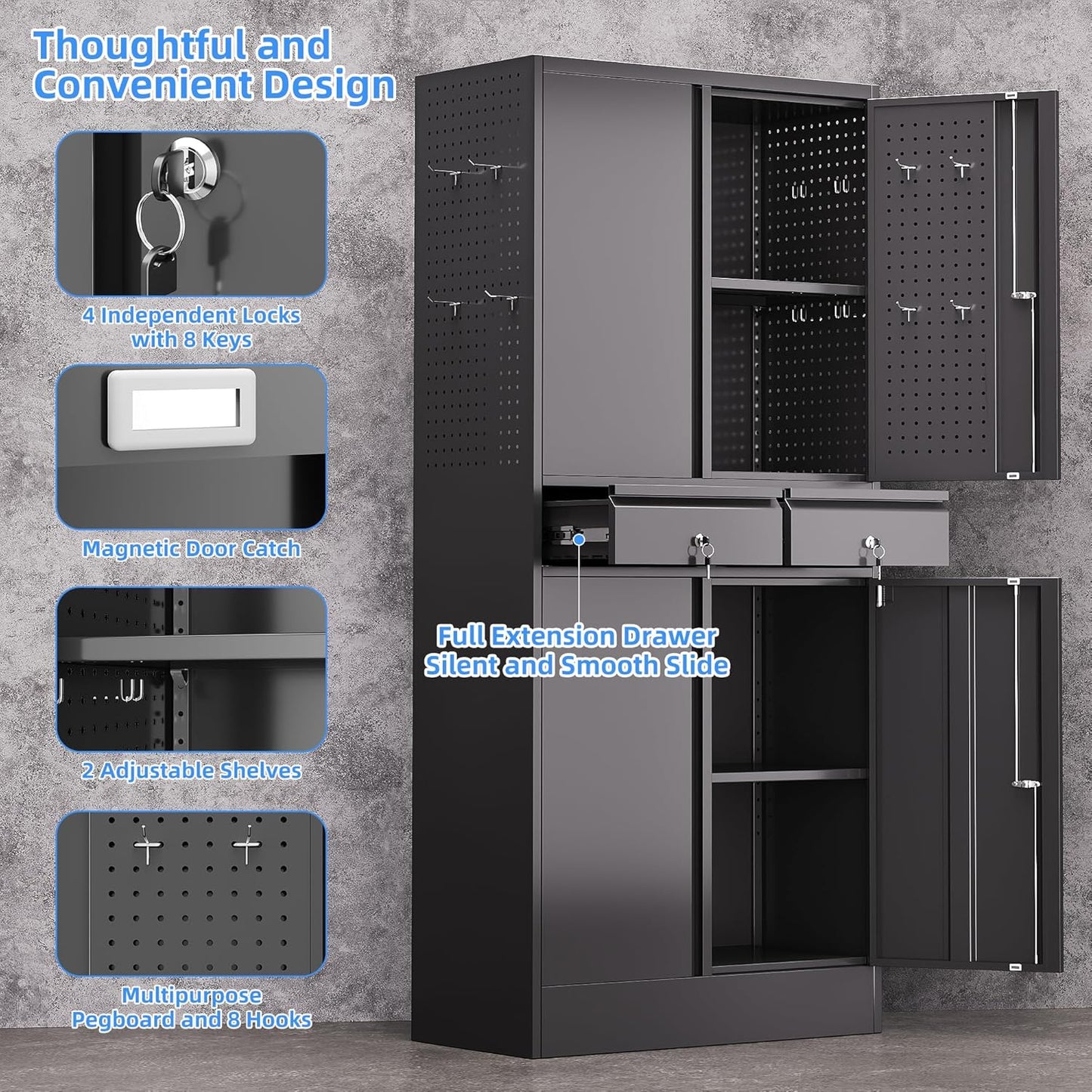 Garage Storage Cabinet, Metal Storage Cabinet with 2 Drawers and 2 Adjustable Shelves, Metal Lockers with Pegboards for Homes, Offices, Kitchens, Schools and Pantries