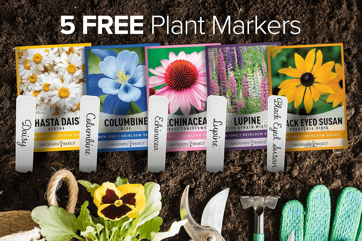 Gardeners Basics, Perennial Flower Seeds for Planting Outdoors (5 Variety Pack) Lupine, Columbine, Echinacea Purple Coneflower, Black Eyed Susan, Shasta Daisy for Pollinators Wildflower Seed