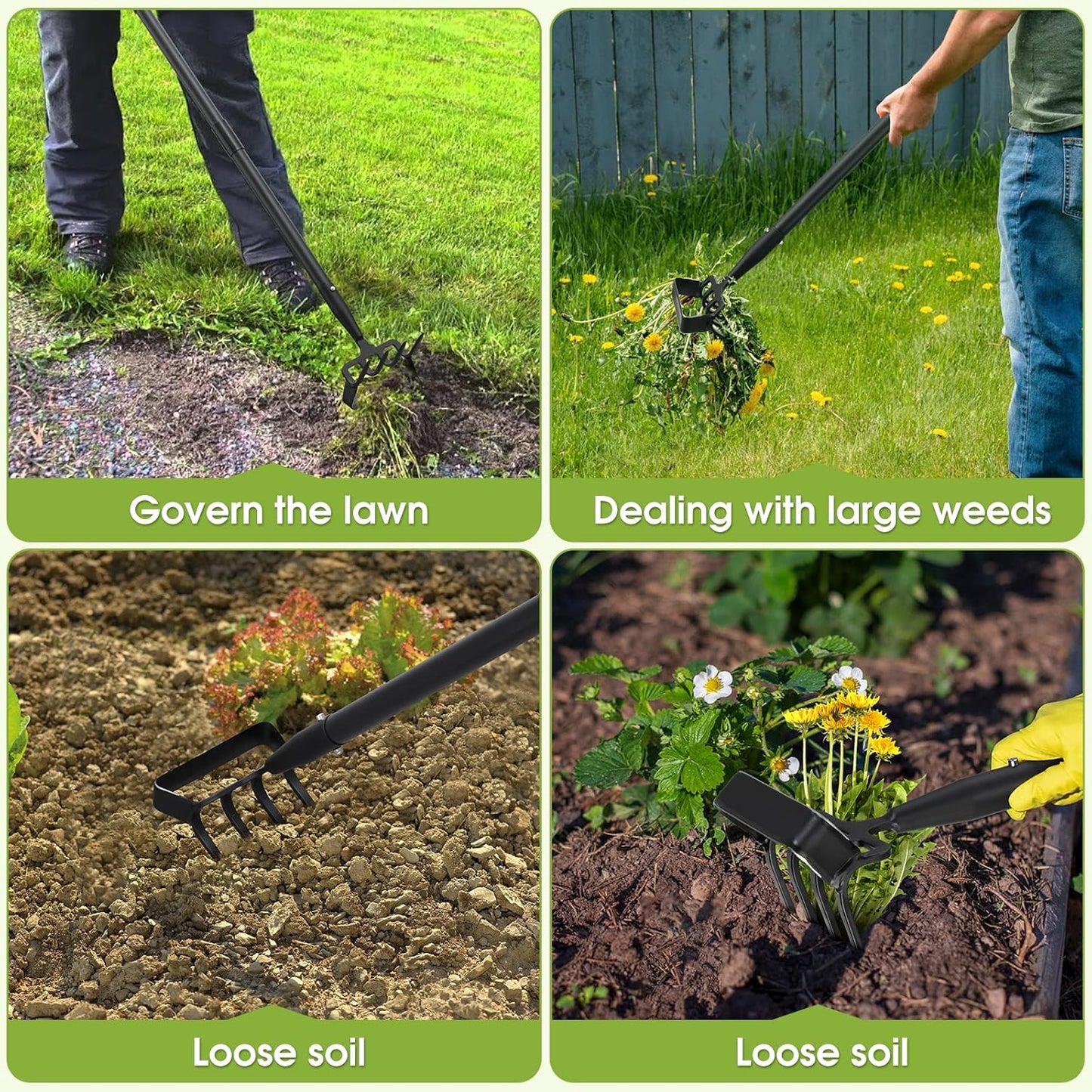 INFLATION Stirrup Hand Hula Hoe Heavy Duty Metal Gardening Weed Puller Tool 4 Tines Prong 2-in-1 Herb Stripper Yard Rake for Women Kids Men Garden Grandpas Weeder 32-62 inch Long Adjustable Handle