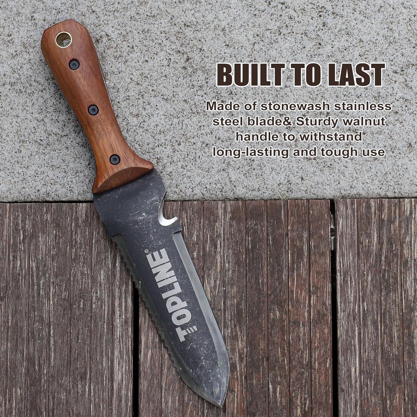 TOPLINE Hori Hori Garden Knife with Oxford Sheath, 7" Stainless Steel Blade with Cutting Edge, Full Tang Walnut Handle with Hanging Hole, Multifunctional Garden Tools for Weeding, Planting, Cutting