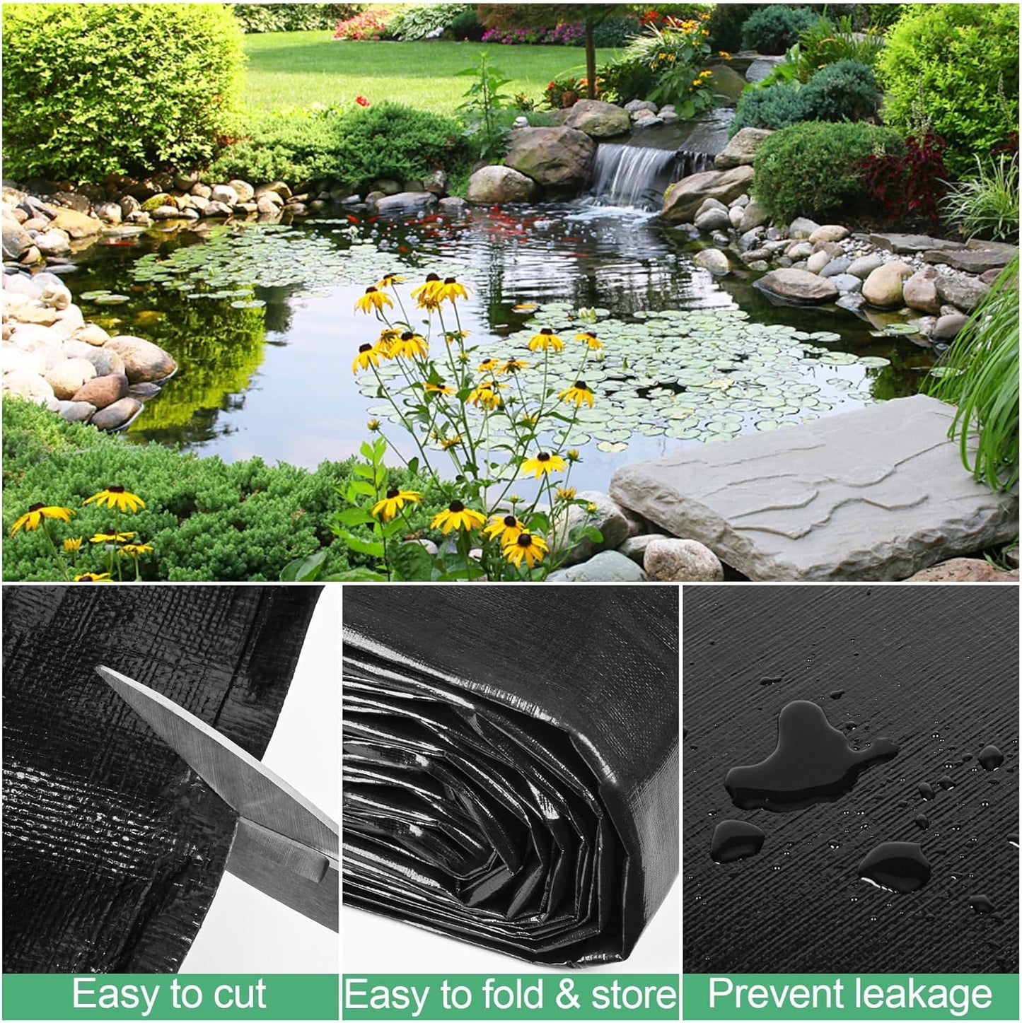 MYFAMIREA 20 x 20FT Pond Liner, 28Mil PE Preformed Pond Liner with 16 Hemmed Edge Buttonholes Sun Resistant Easy Cutting for Outdoor Ponds, Fish Koi Ponds, Garden Fountain, Waterfall Ponds