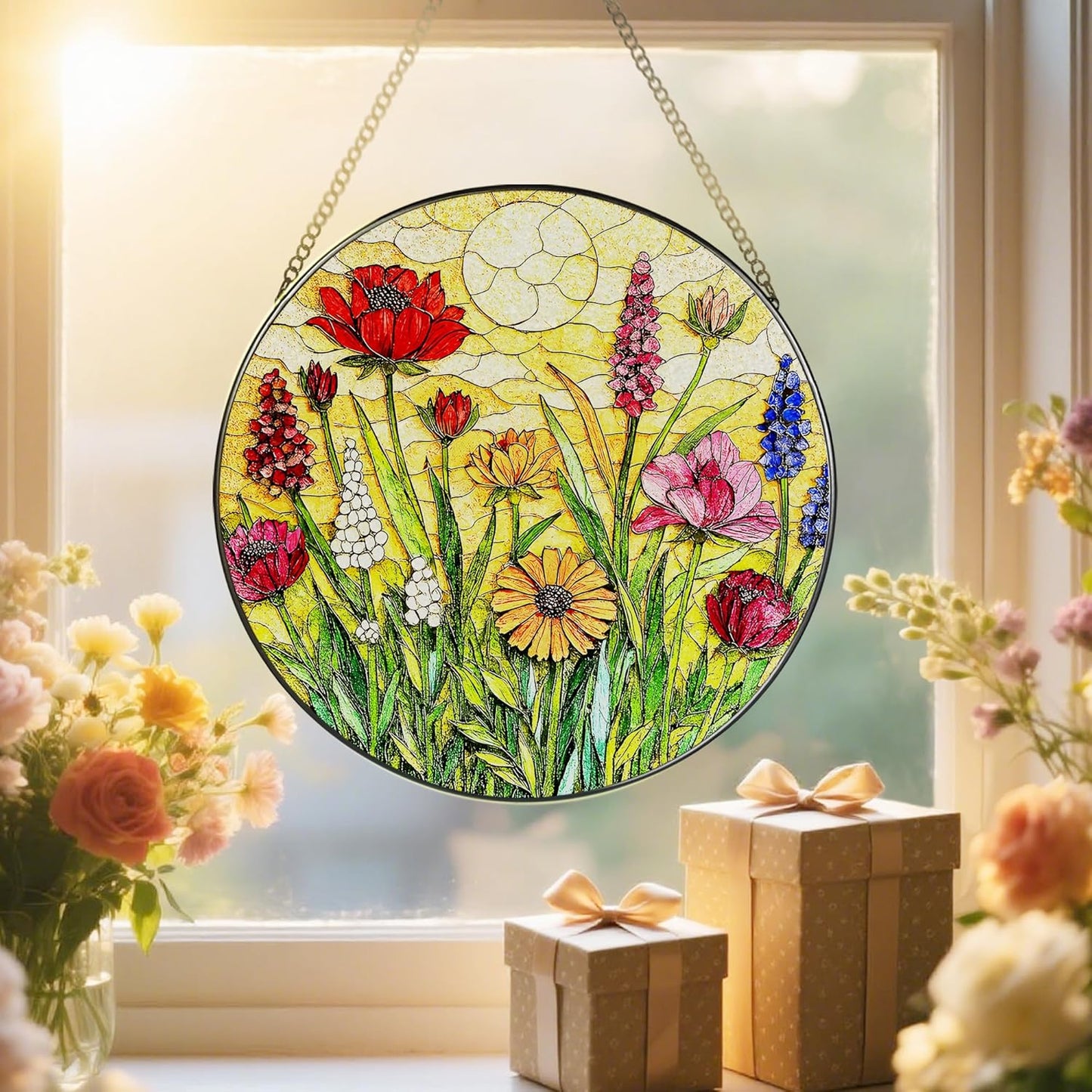 Stained Glass Window Hanging, 8 Inch Wildflower Stained Glass Suncatcher, Colorful Floral Window Hanging, Home Decor for Windows, Flower Lover Gifts, Garden Lover Gift, Gifts for Women, Mom, Grandma