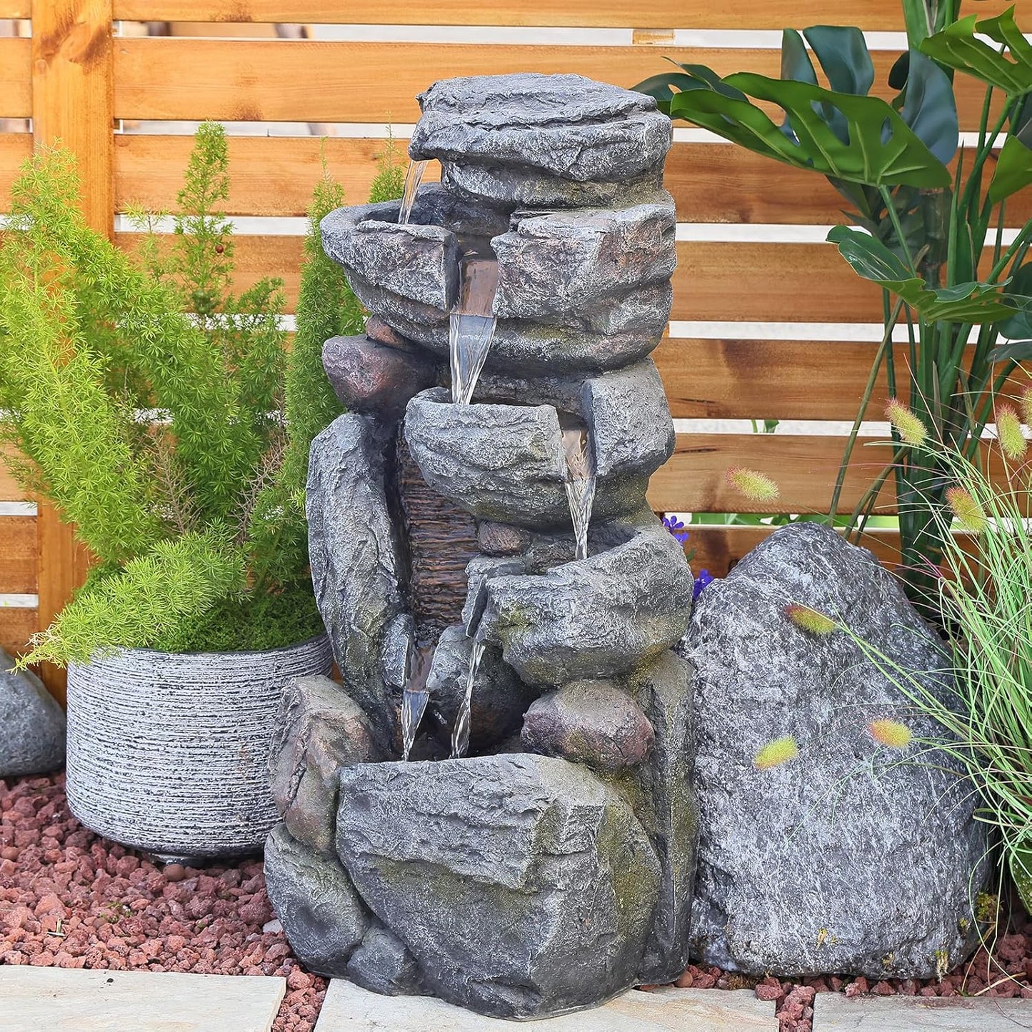 Water Features Outdoor Patio 6-Tier Cascading Rock Water Fountain 31.5''Water Fall Fountain Outside Resin Fountain with Light Mossy Rock Floor Garden Fountain Indoor for Relaxation Home Decor