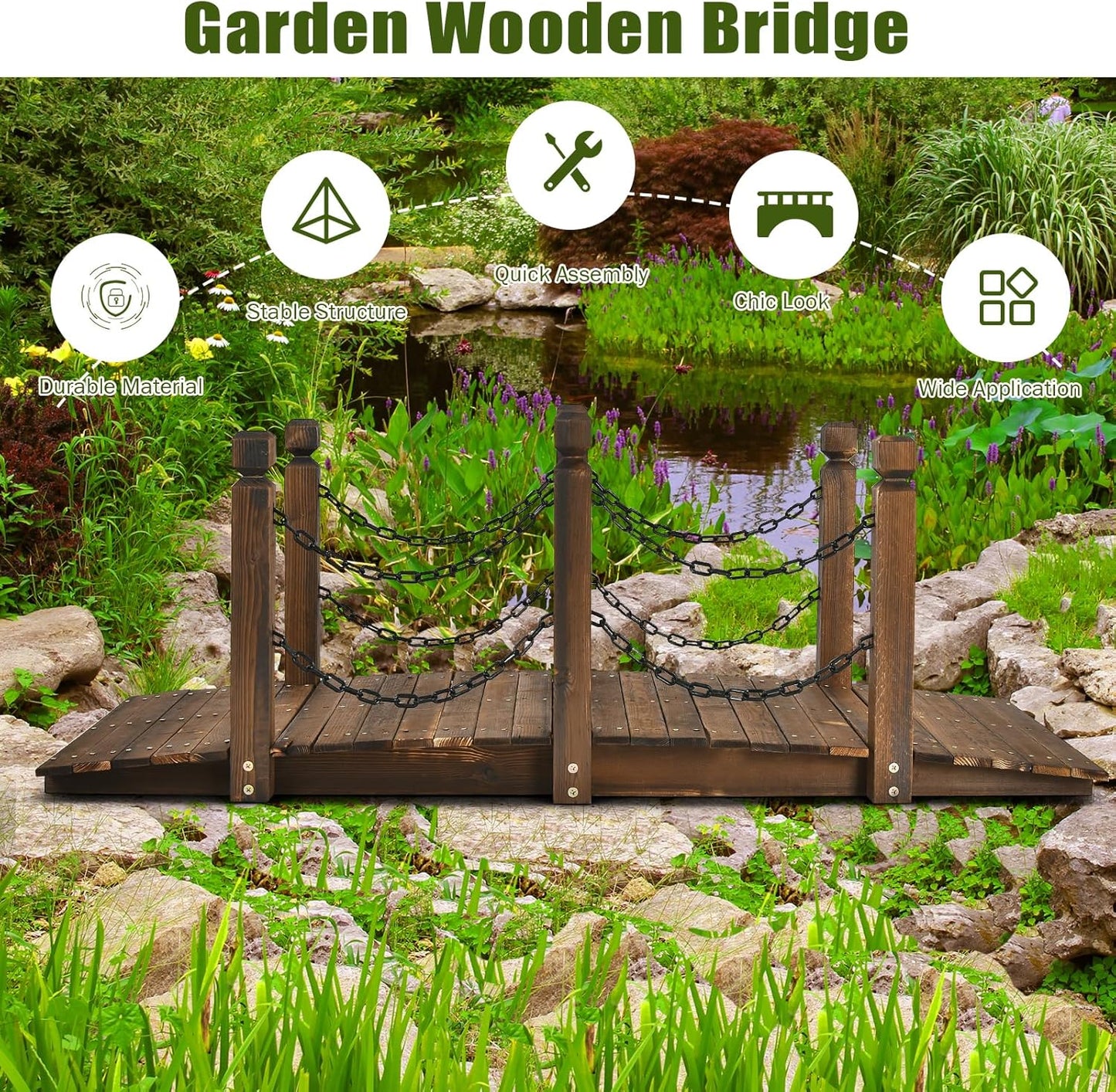 Giantex 5 FT Wooden Garden Bridge, Stained Wood Arc Footbridge with Chain Railings for Backyard Creek Farm, Decorative Pond Bridge, Easy to Assemble, 400 lbs Capacity (Brown)