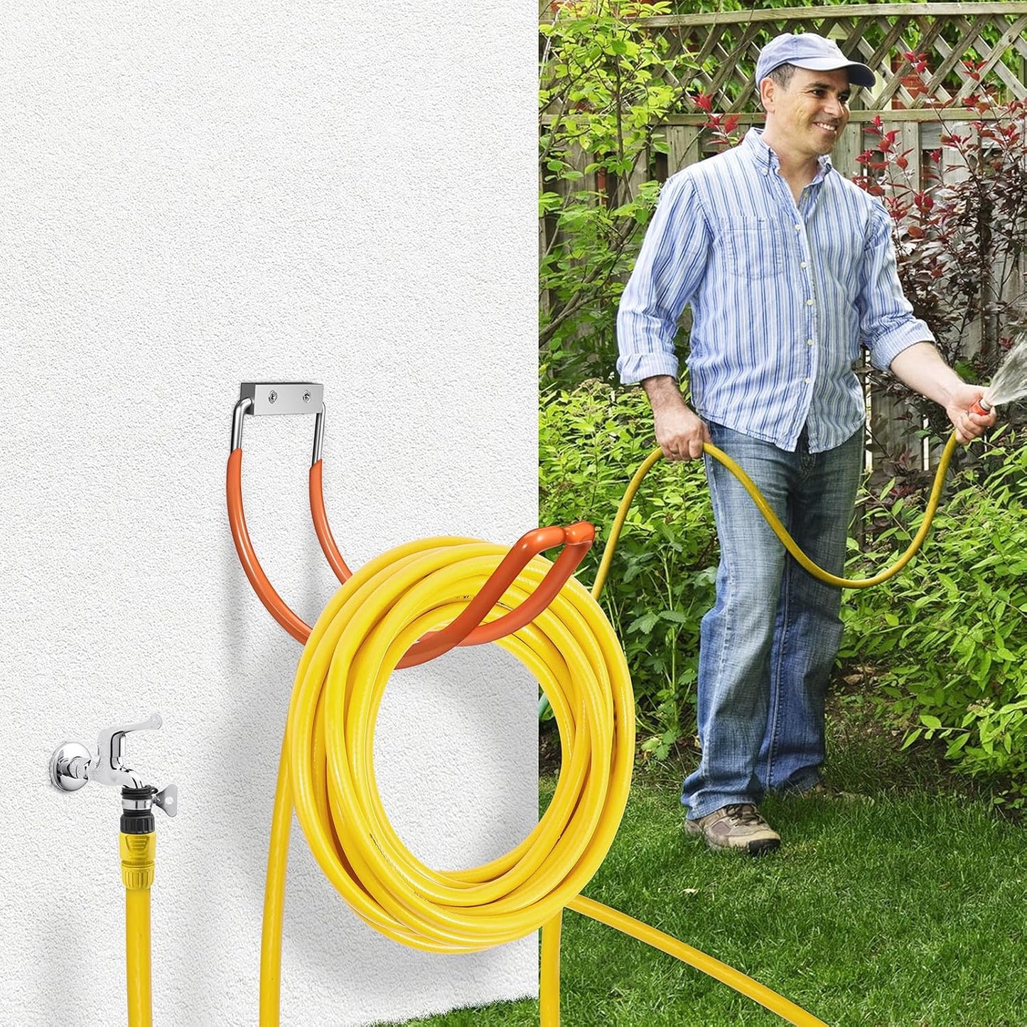 Garden Hose Holder Wall Mounted,304Stainless Steel Solid Hook Holds Up to 150Ft - Orange