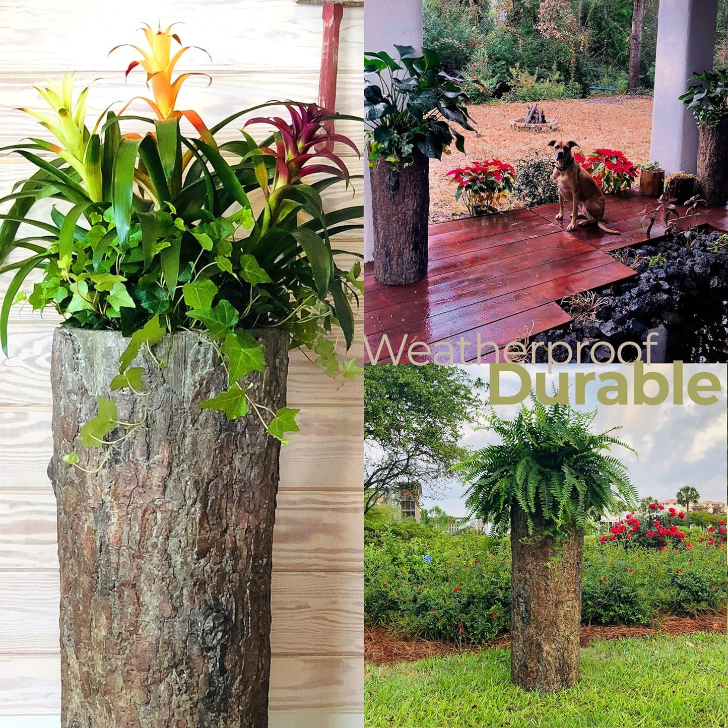 Farmhouse Porch and Patio Planter. Tall Country Vintage Plant and Flower Stand. Large Outdoor Deck and Garden Unique Rustic Log Pot Decor.