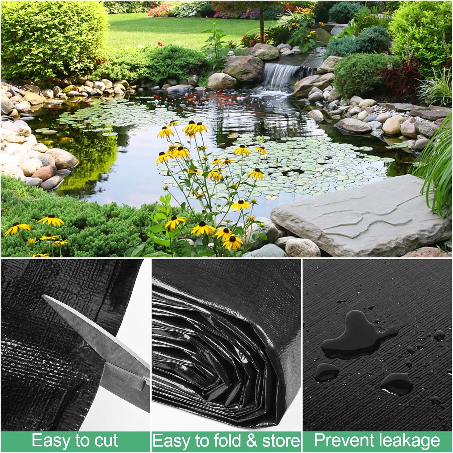 MYFAMIREA 20 x 25FT Pond Liner, 28Mil PE Preformed Pond Liner with 18 Hemmed Edge Buttonholes Sun Resistant Easy Cutting for Outdoor Ponds, Fish Koi Ponds, Garden Fountain, Waterfall Ponds