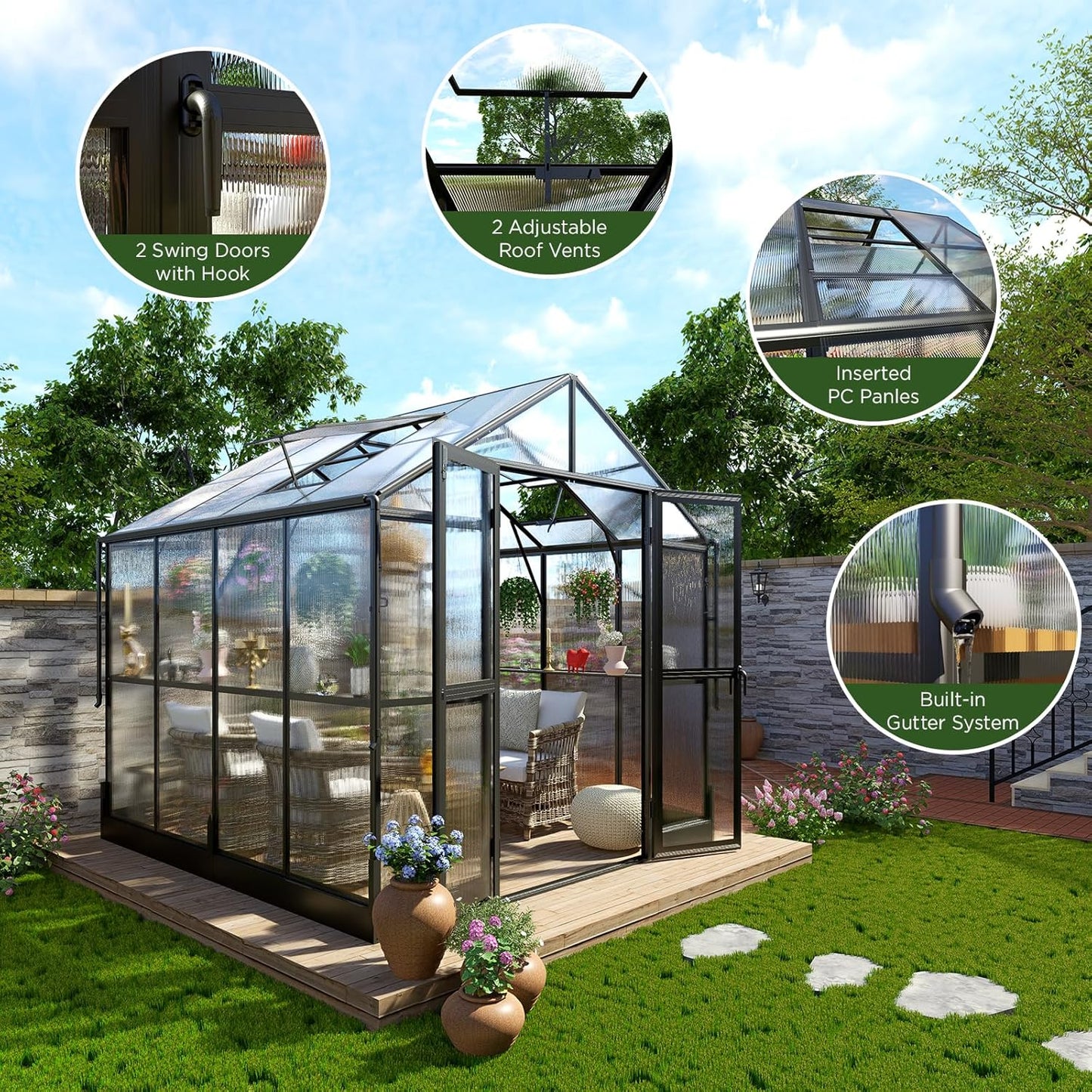 HOWE 8x8x7.5 FT Aluminum Greenhouses for Outdoors,Polycarbonate Greenhouse with 2 Vents Lockable Swing Door Rain Gutter,Walk-in Greenhouse for Backyard Plants, Black