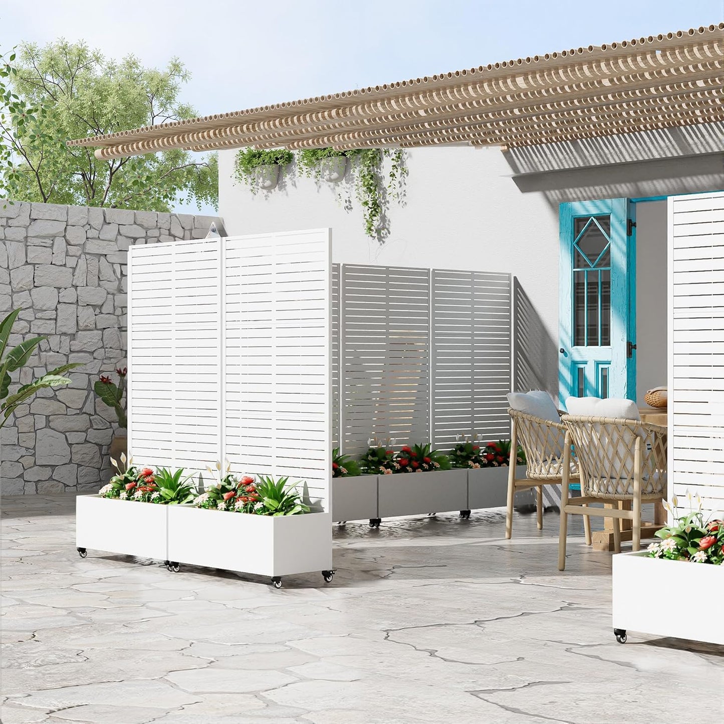 Casaphoria Metal Raised Garden Bed with Trellis and Wheels, 72"x35"x16" Planter Box for Climbing Plants, Vegetables & Vines, Features Drainage Holes and Privacy Screen (White-Louvered)