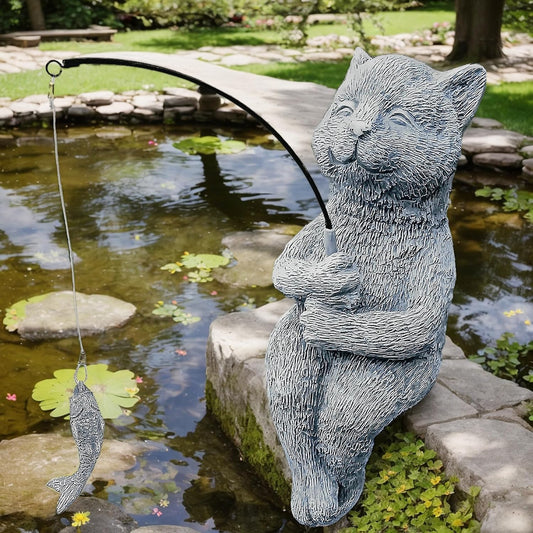 9.5" Cat Fishing Stone Look Sculpture, Whimsical Lawn Yard Art, Funny Garden Pond Fisherman Statue, Resin Animal Decorative Figurine, Cute Outdoor Ornament, for Cat Fishing Lovers