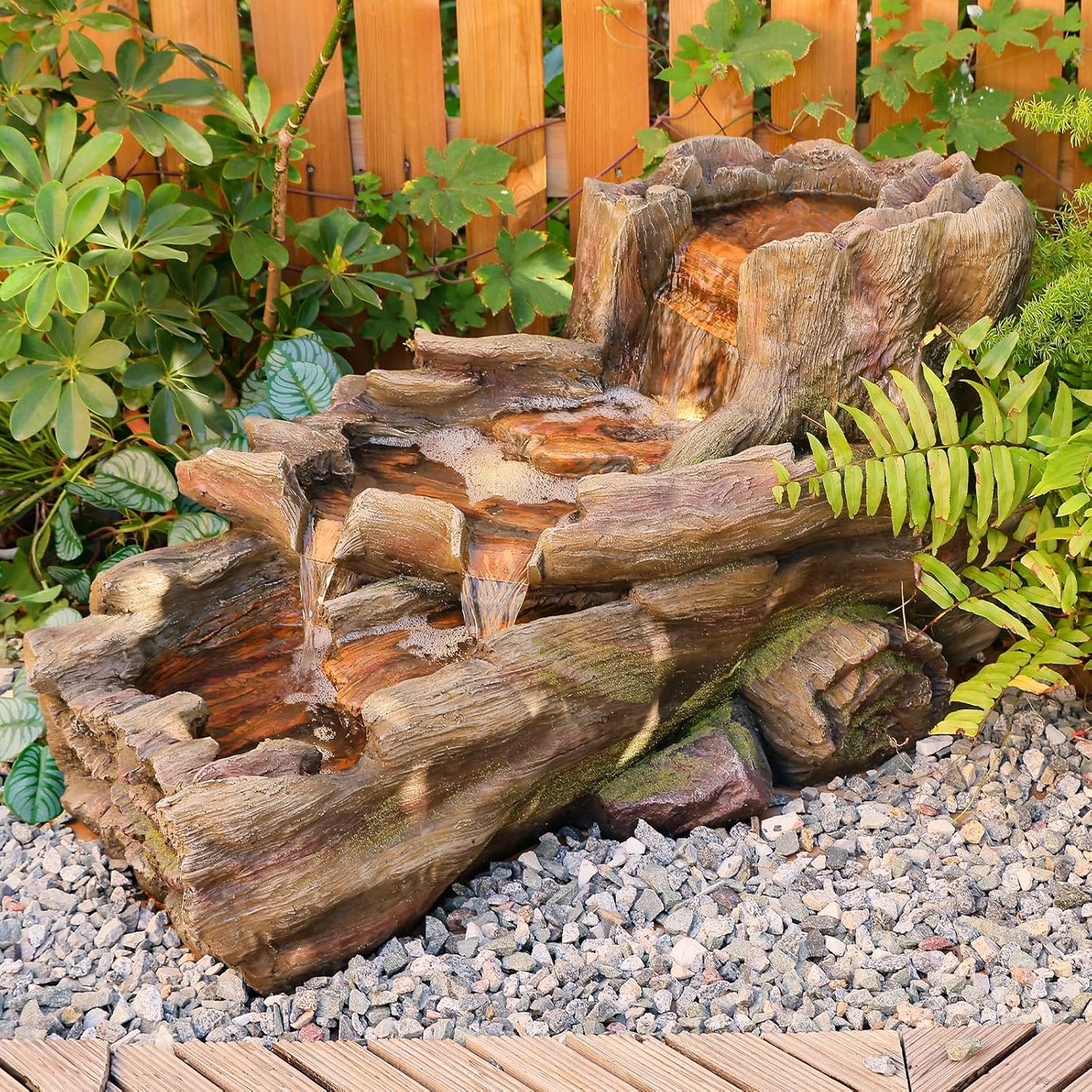 34.5" L Garden Outdoor Water Fountain, Floor Standing Wood Imitation Resin Natural Waterfall Fountains with LED Lights for Patio, Porch, Home Art Decor