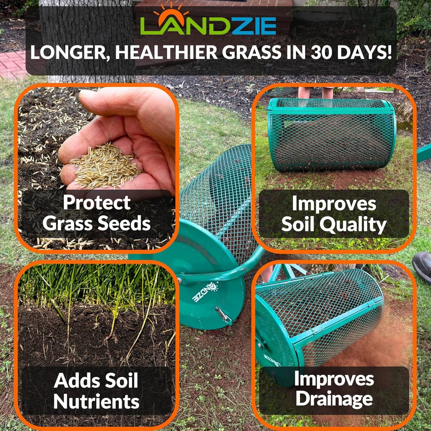 LANDZIE - The Original 24 Inch Compost and Peat Moss Spreader Roller - Top Soil, Sand, Manure, Mulch, Top Dressing Lawn and Garden Spreader