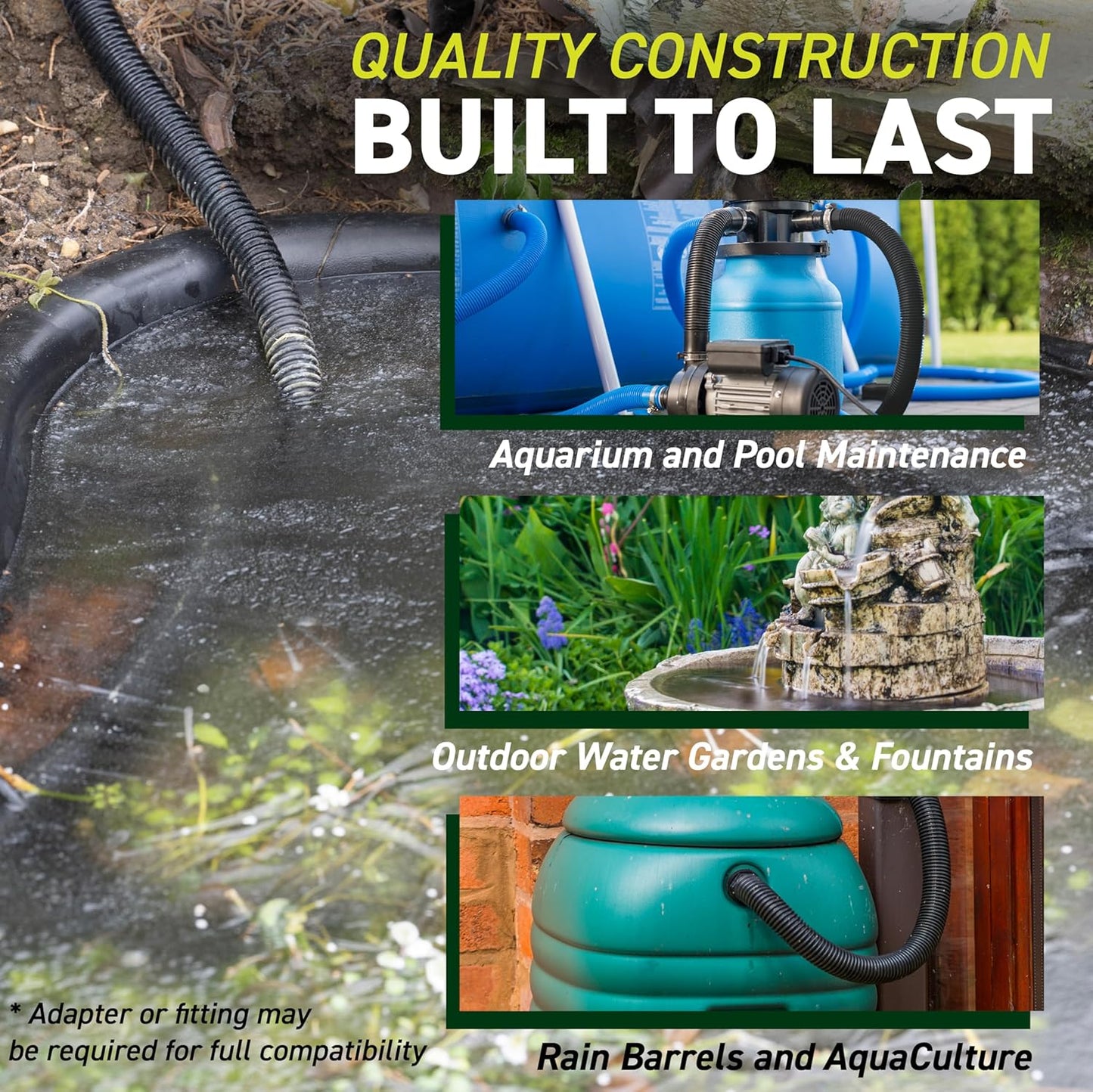 Sealproof Kinkproof 1-1/4 Dia Pond Tubing, Waterfall Pump & Aquarium Hose, 1-1/4-Inch ID, 20 FT, Black, Corrugated, Made in USA