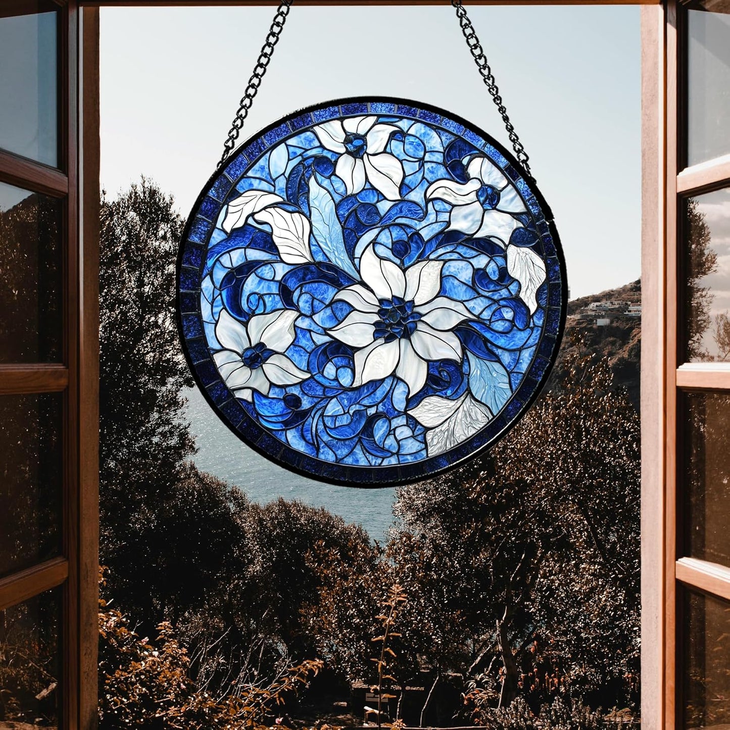 Stained Glass Window Hanging - Blue White Flowers Suncatcher for Doors Garden Patio Boho Style Sun Catchers Decor Christmas Mother's Day Birthday Gifts for Women Men Mom Nana Friend 7.8 in