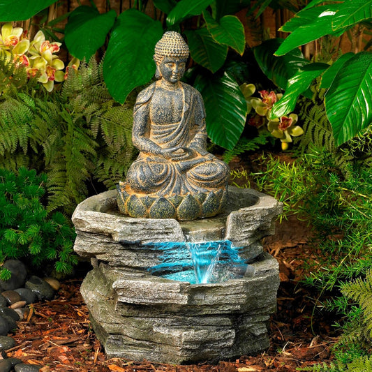 Sitting Buddha 21" High Large Zen Asian Indoor Outdoor Decor Faux Stone Floor Fountain with Light LED Standing Waterfall Water Feature for Outside Garden Patio Yard Backyard Porch - John Timberland