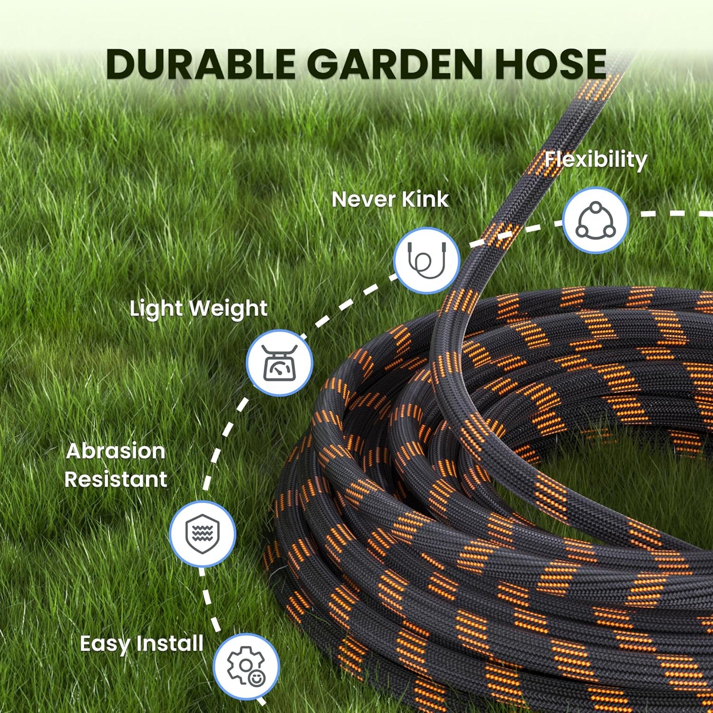 Giraffe Tools Garden Hose 75FT 1/2” Non-Expandable Lightweight Flexible Water Hoses Burst 600 psi with 9 Spray Function Nozzle Heavy Duty Hose