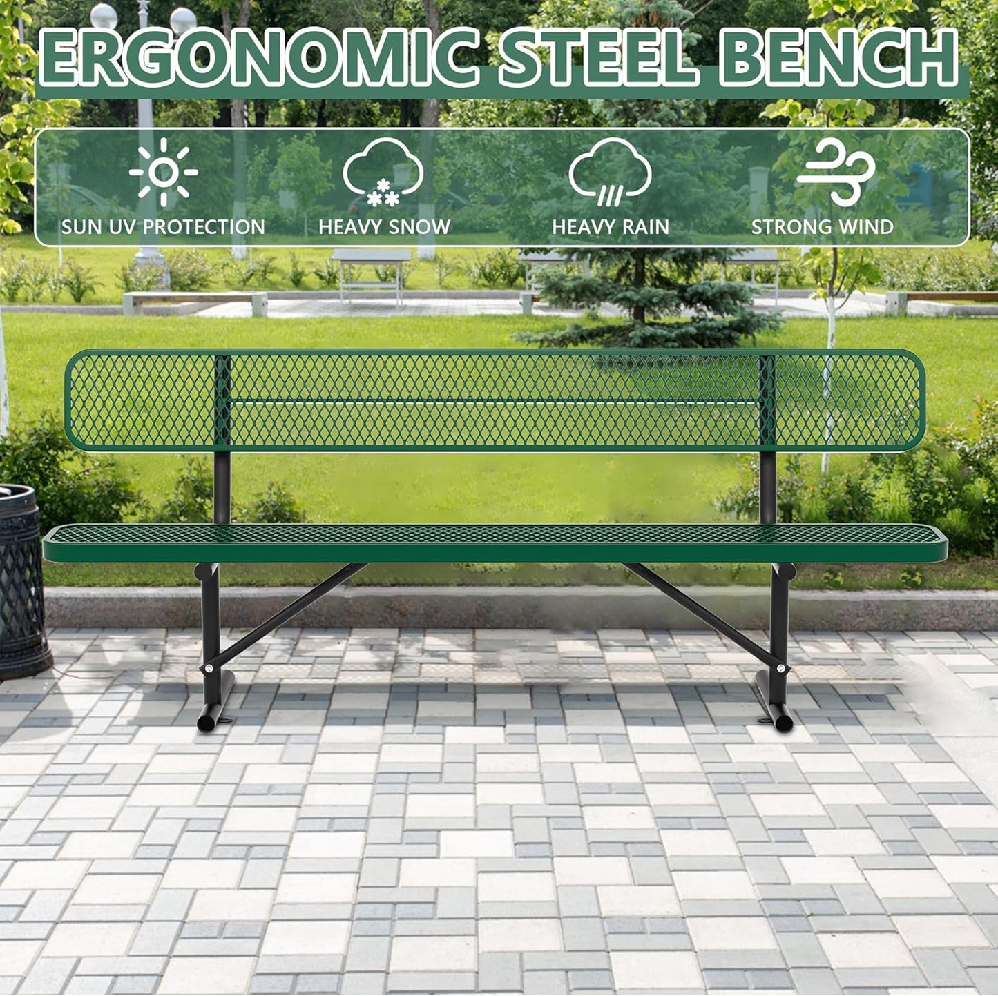 8FT Benches for Outside, Heavy-Duty Green Outdoor Garden Bench with Back, Metal Park Bench, Commercial-Grade Seating,Industrial Bench Patio Bench Furniture for Beach Yard School Shopping Centers