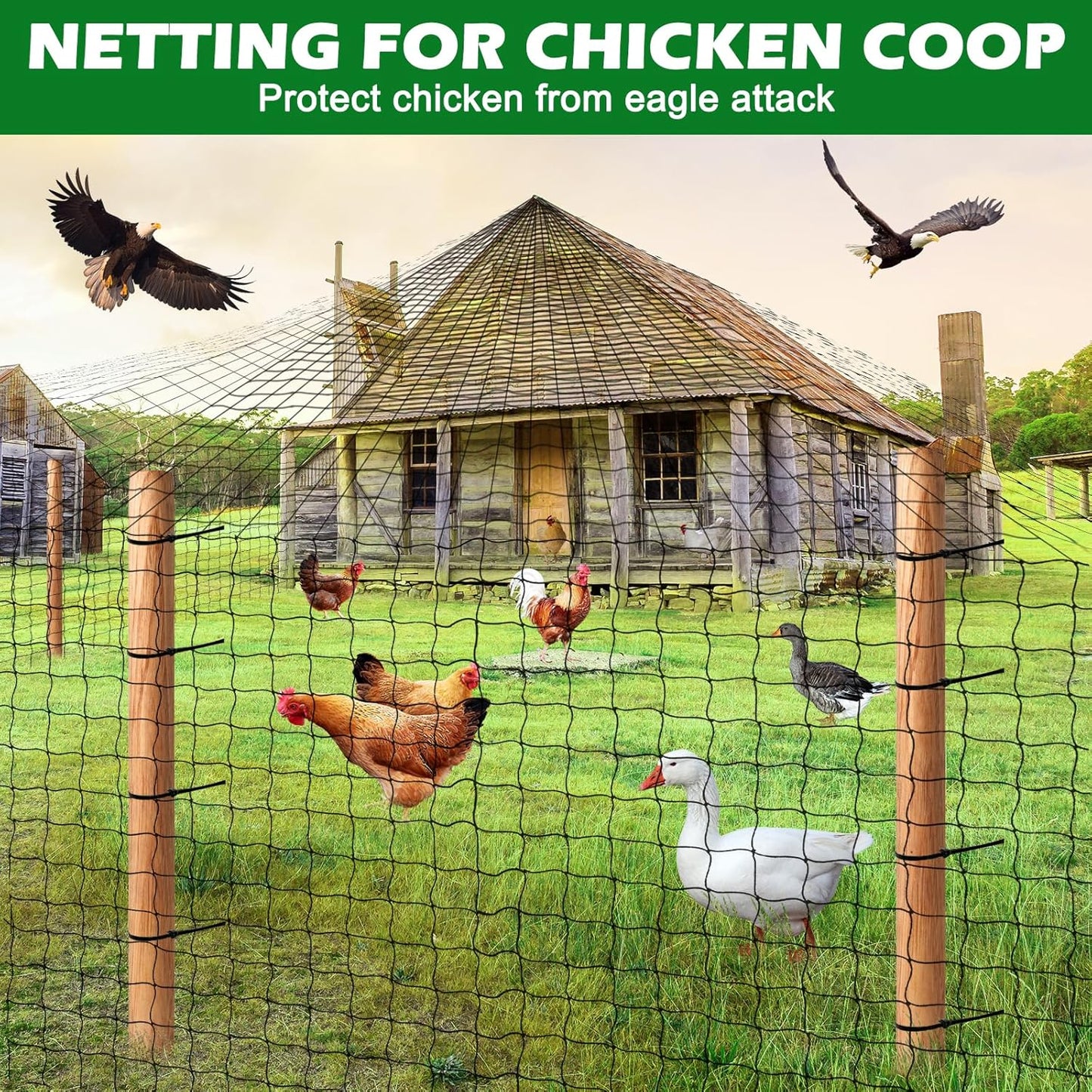 Bird Netting 25'x50' with 2" Mesh Garden Net with Bird Scare Tape, Avian Nettings for Chicken Coop Roof, Heavy Duty Nylon Nettings for Garden, Chicken Coop Netting Fruit Tree Net