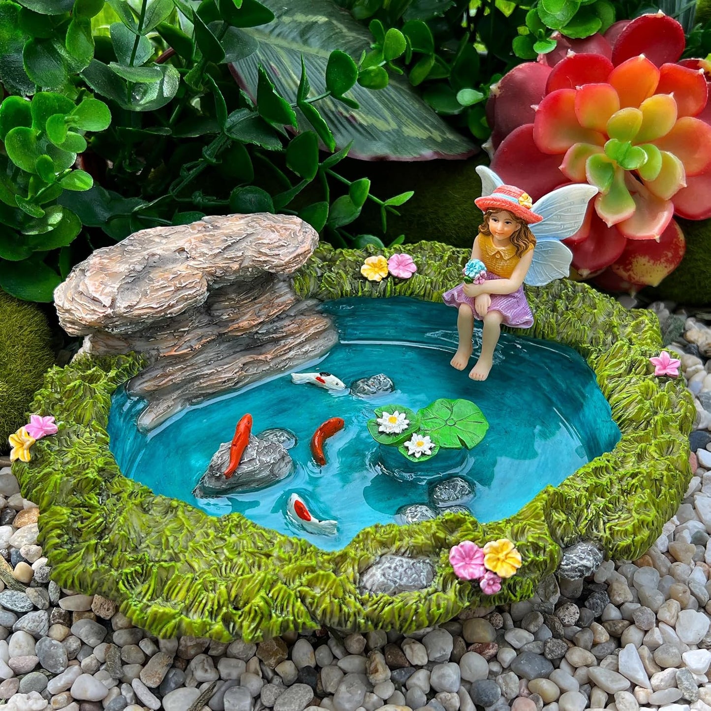 Mood Lab Fairy Garden - Miniature Fish Pond & Fairy Figurine Kit - 2 pcs Set of Garden Accessories - Outdoor or House Decor