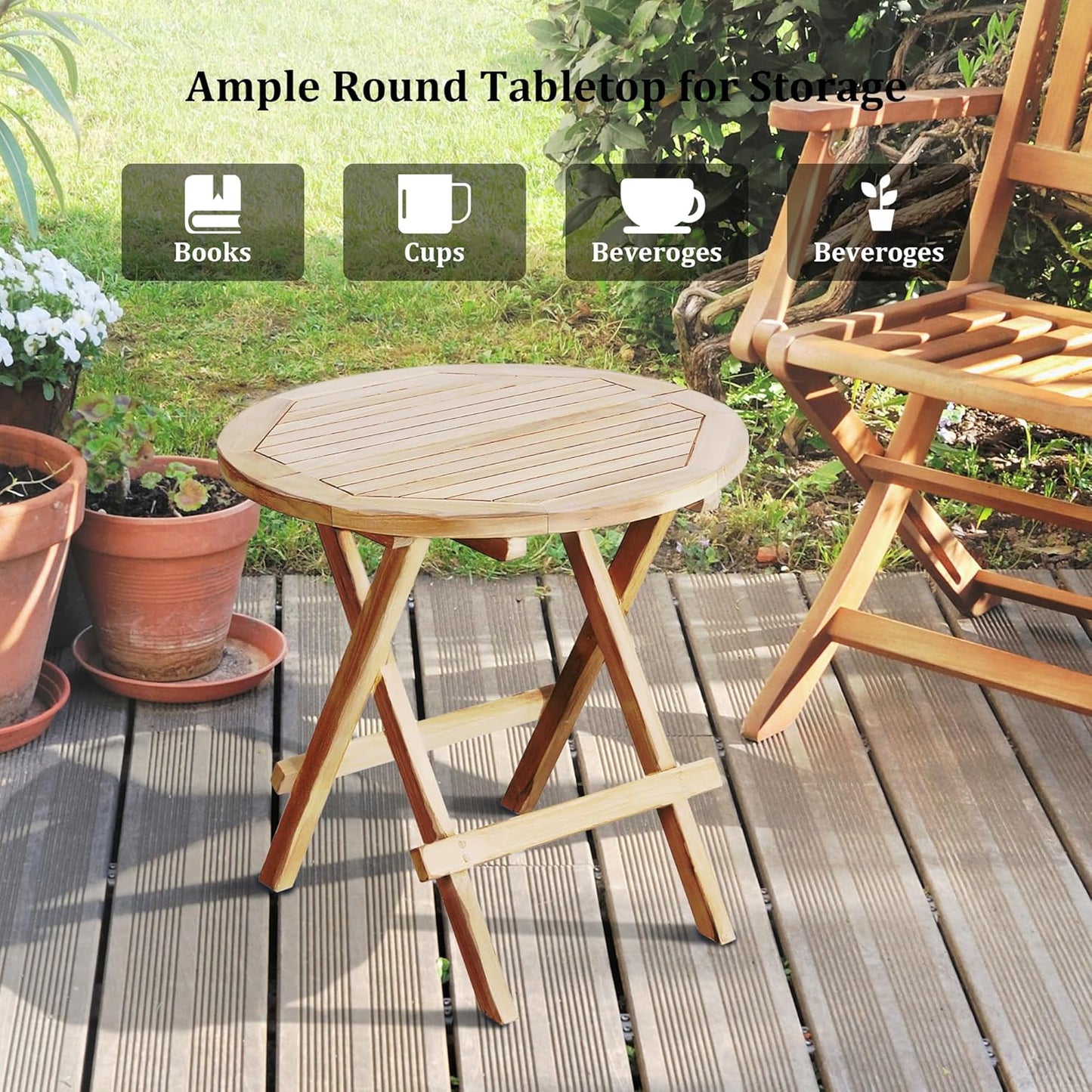 Teak Outdoor Side Table,Patio Table with Adjustable Feet, Small Round Side Tables, Elegant Accent Outdoor Tables for Balcony Porch Poolside(Round Tables Folding)