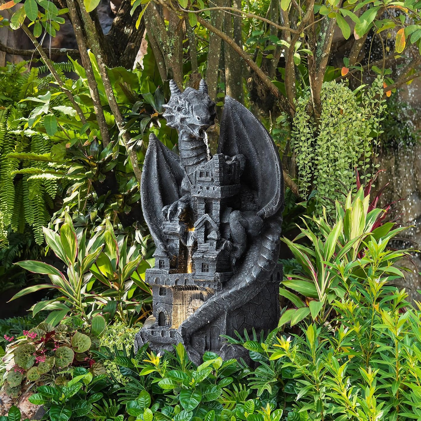 Glitzhome 4-Tiered Cascading Outdoor Water Fountain for Garden Patio Yard Mystical Gothic Dragon Water Fountains Outdoor with LED Lights & Pump, Large Floor Stand Fountain Dragon Waterfalls 36.5" H