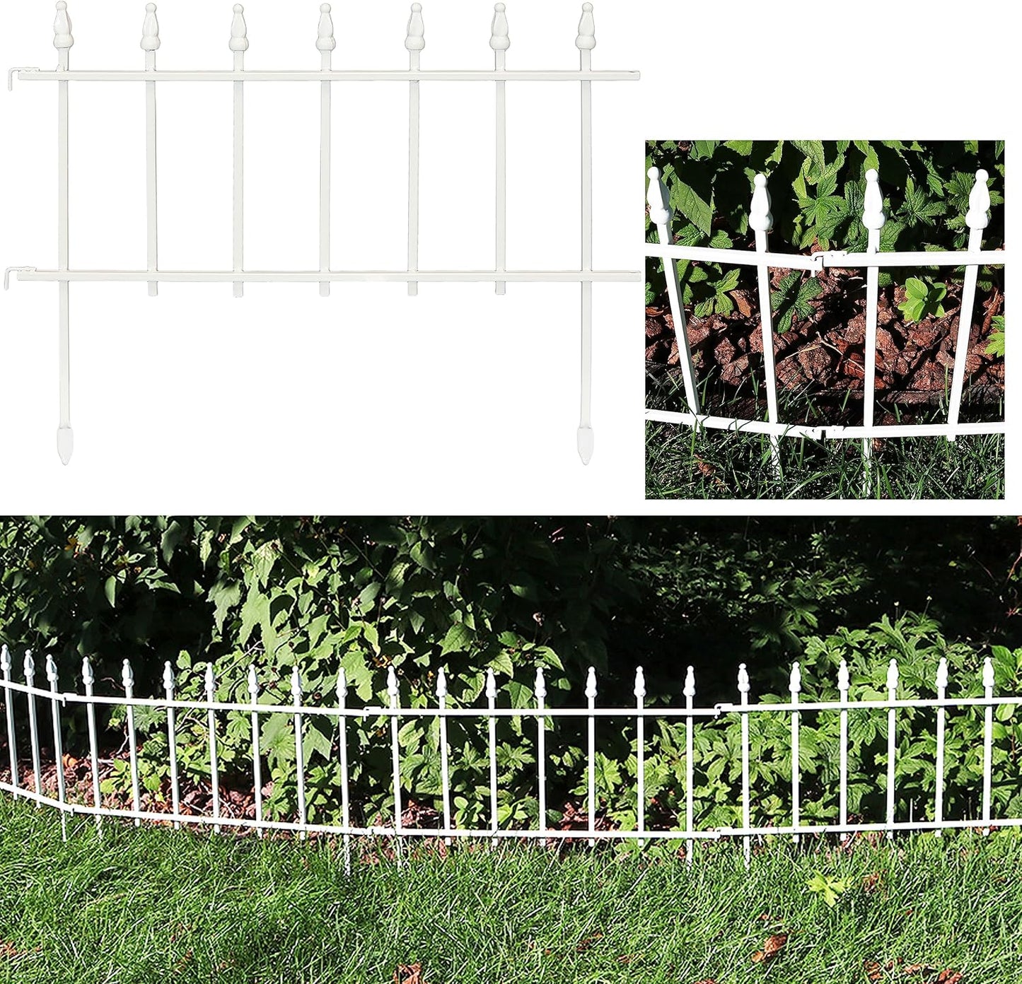 Sunnydaze 5-Panel Roman Iron Decorative Garden Fence Border - 9ft L x 18in H No Dig Metal Garden Fencing for Animal Barrier, Flower Bed, Yard - White