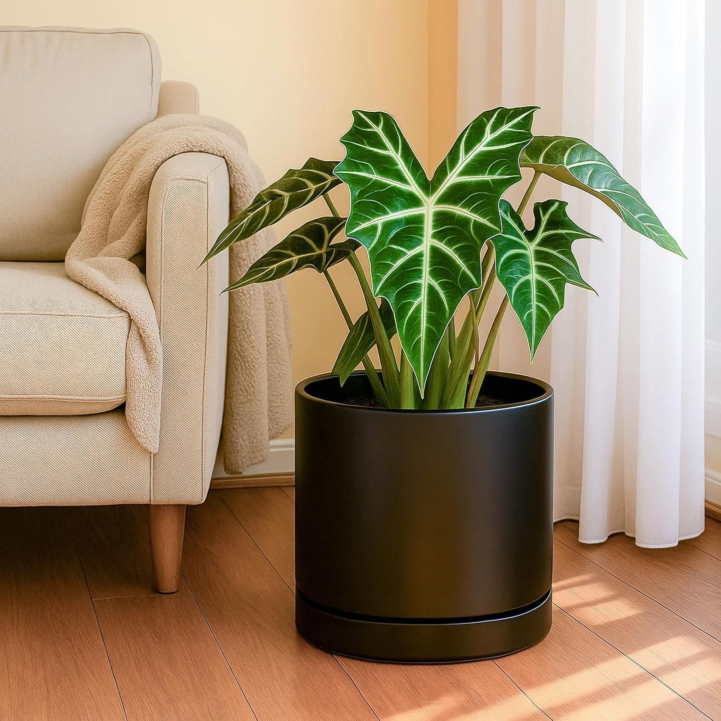 D'vine Dev Set of 2 Plants Pots, 10 Inch Ceramic Planter Pot for Plants with Drainage Hole and Saucer, Black, 94-V-E-2