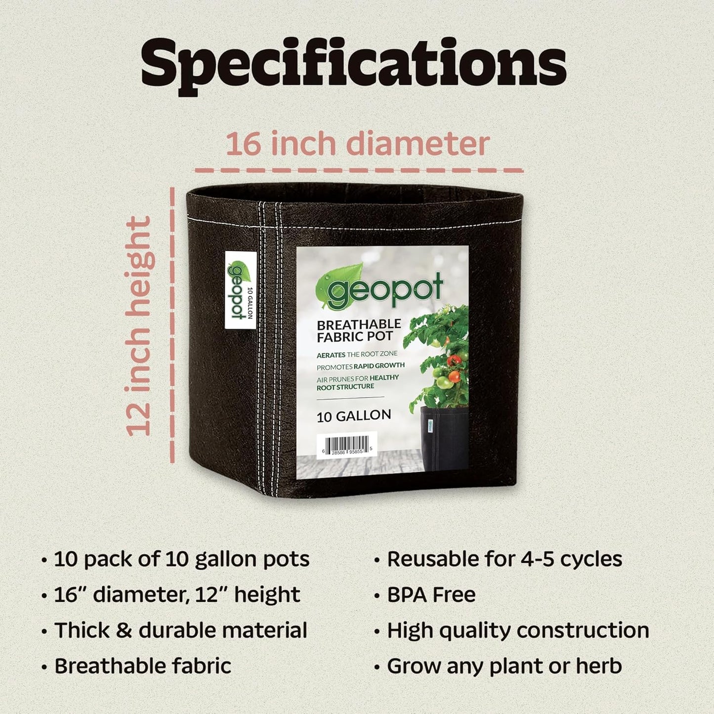 10 Gallon Fabric Grow Bags for Vegetables, Houseplants, Herbs & Flowers |5-Pack| Fabric Pots for Outdoors and Indoors, Aerated Fabric Grow Bags