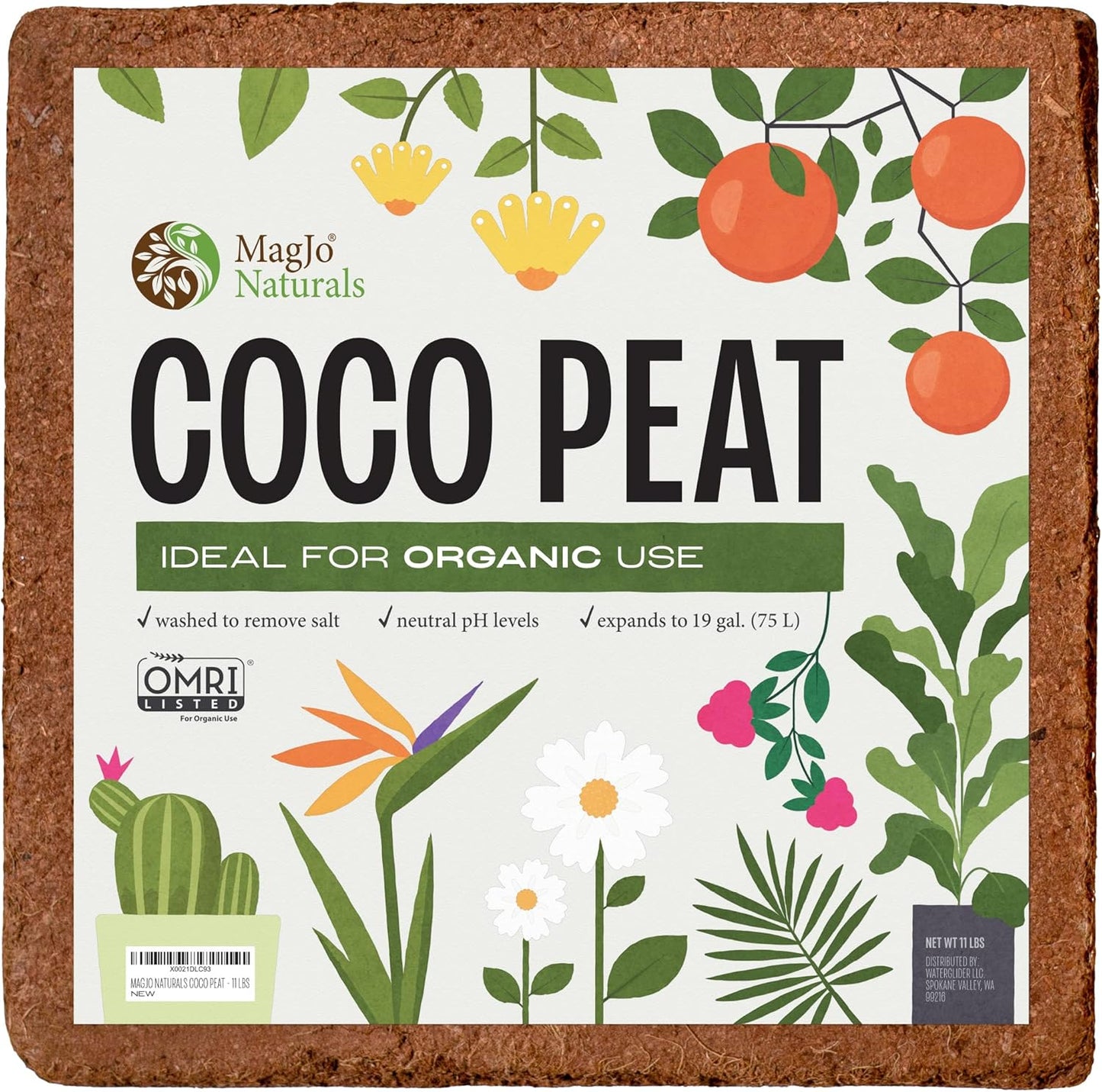 MagJo Naturals 100% Pure Coco Coir (Coco Peat) 11 Pound Block (5kg, OMRI Listed for Organic Gardening, Coconut Coir - Low EC and pH Balance - High Expansion Coco Fiber for Herbs, Flowers, Planting