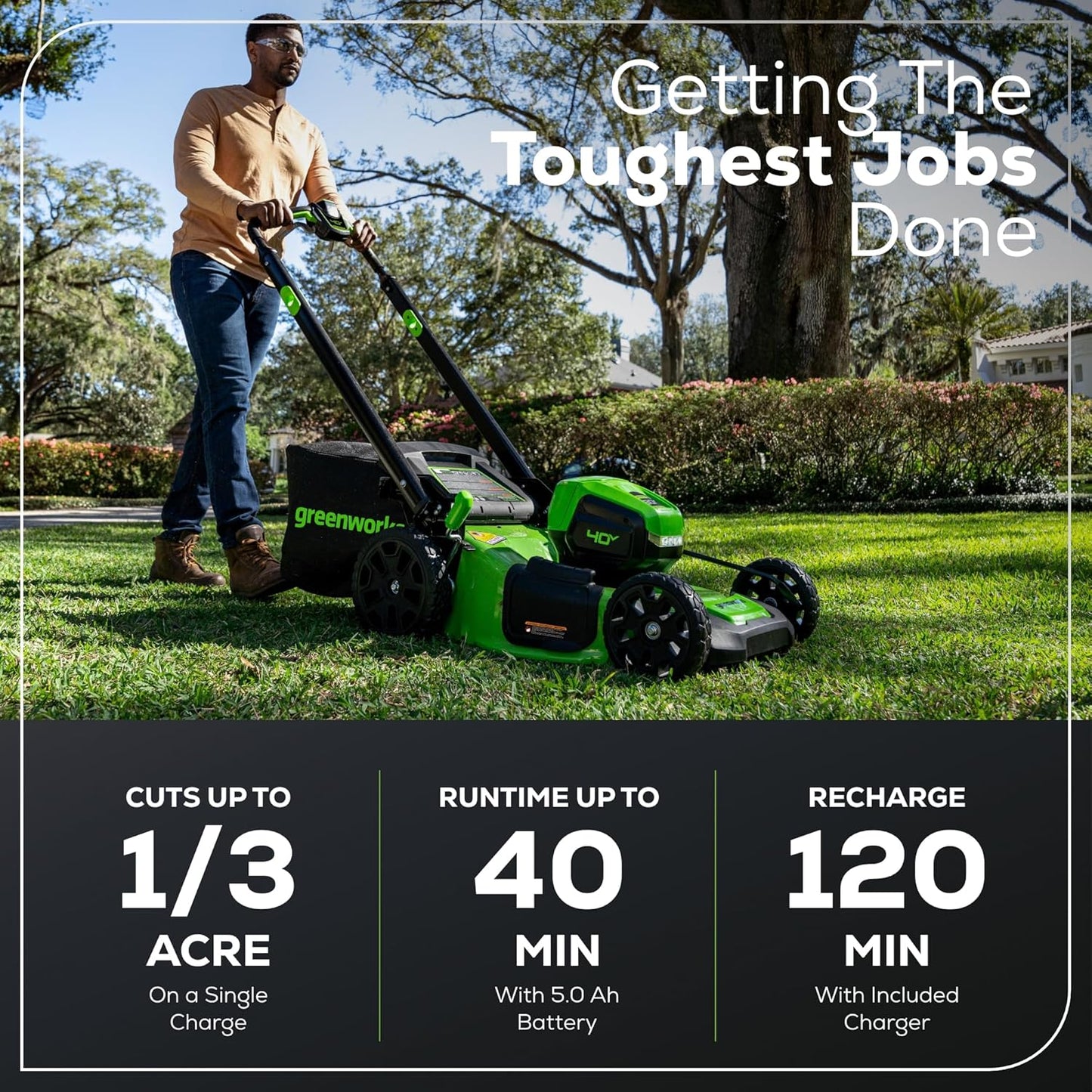 Greenworks 40V 21" Brushless Cordless (Self-Propelled) Lawn Mower (LED Headlight + Aluminum Handles), 5.0Ah Battery and Charger Included (75+ Compatible Tools)