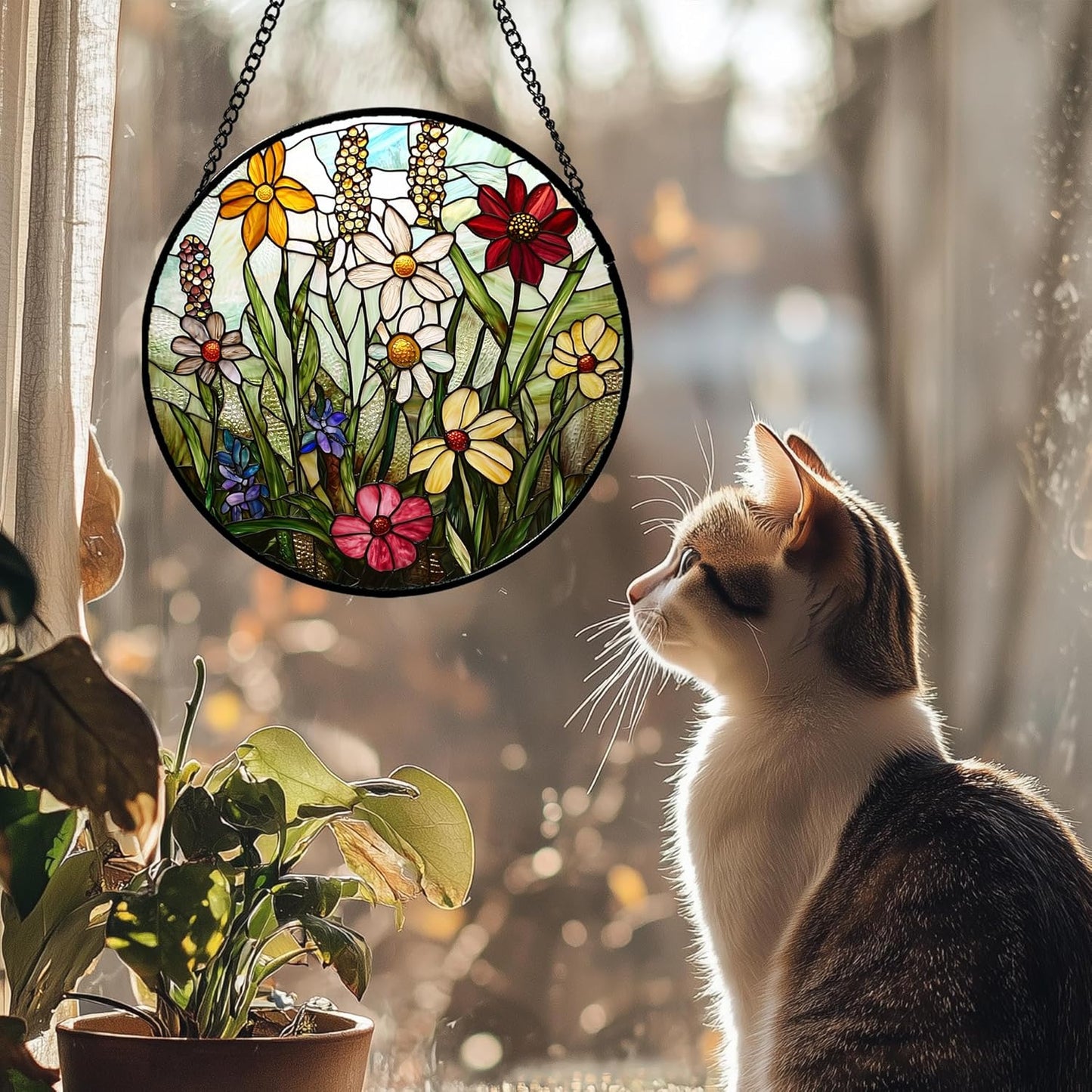 Stained Glass Window Hanging, Colorful Wildflowers Plant Scenery Suncatcher for Doors Window Home White Green Sun Catchers Decor Mother's Day Birthday Gifts for Women, Men Mom 7.8 in