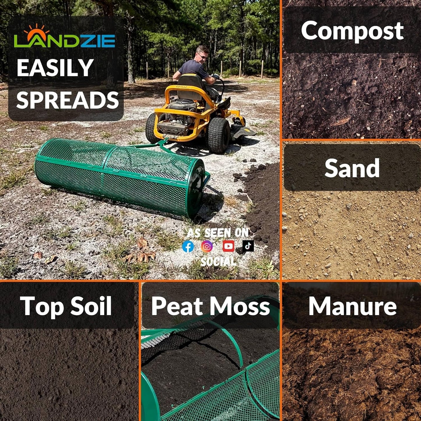 LANDZIE Lawn and Garden Spreaders - 60 x 20 Inch Tow-Behind Compost and Peat Moss Spreader for Large Lawns Commercial Landscaping - Effortlessly Spread Perfect Layer of Topdressing - Large Lawn Care