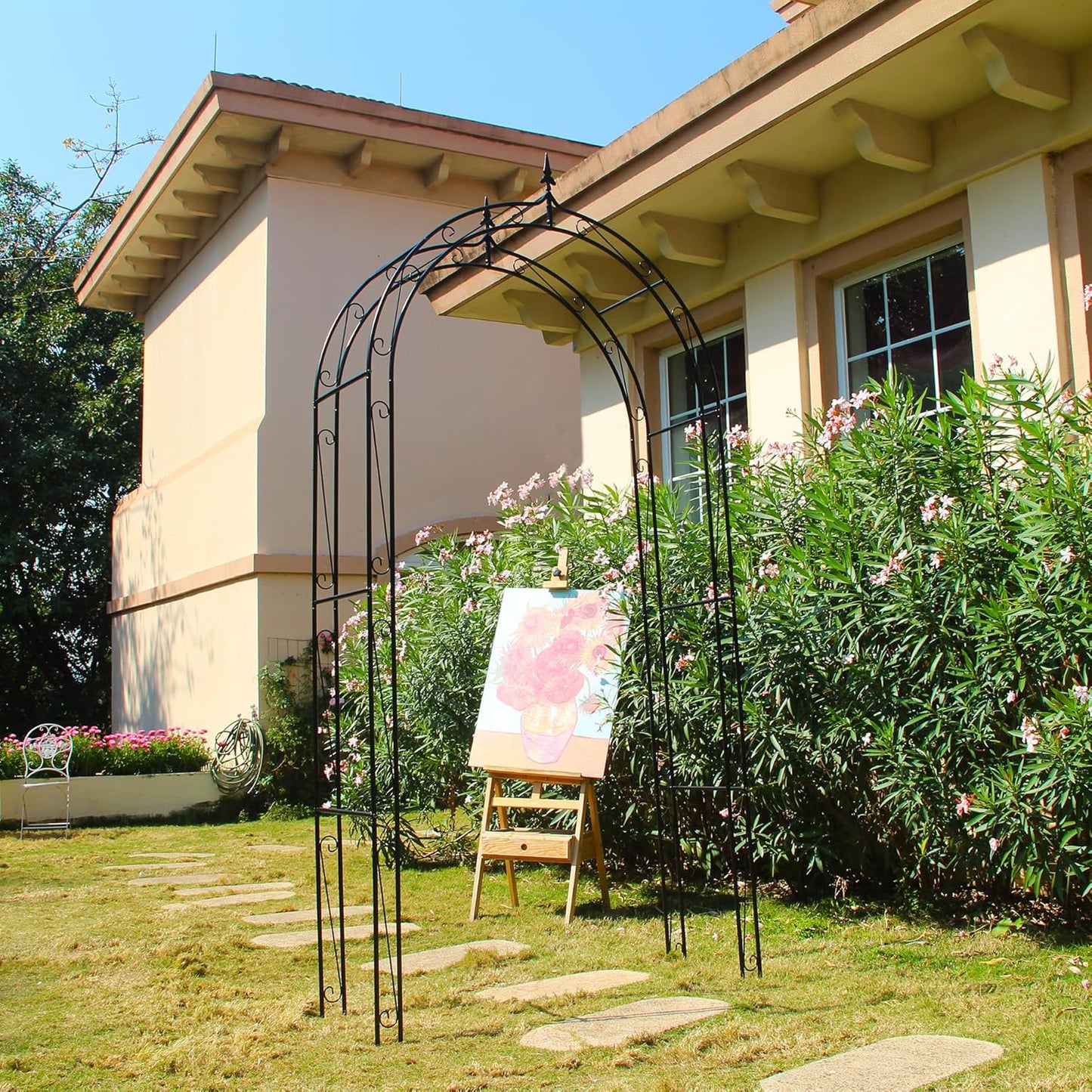 Garden Arbor Arch 98.4" H x 46.5" W, Heavy Duty Iron Archway Decorative Structure Stand Trellis for Climbing Rose Vines Plant Wedding Ceremony Party Outdoor Decor Black