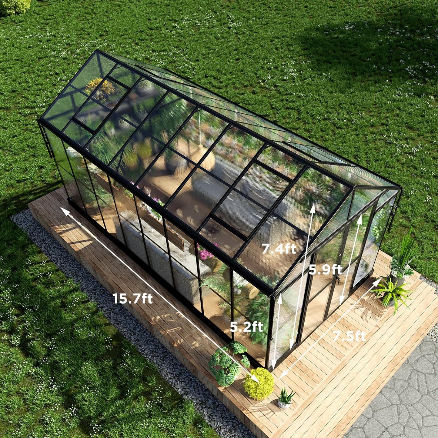 HOWE 8x16x7.5 FT Polycarbonate Greenhouse with Swing Doors, 4 Vents, 5.2FT Added Wall Height, Walk-in Large Aluminum Greenhouse for Outdoors, Black