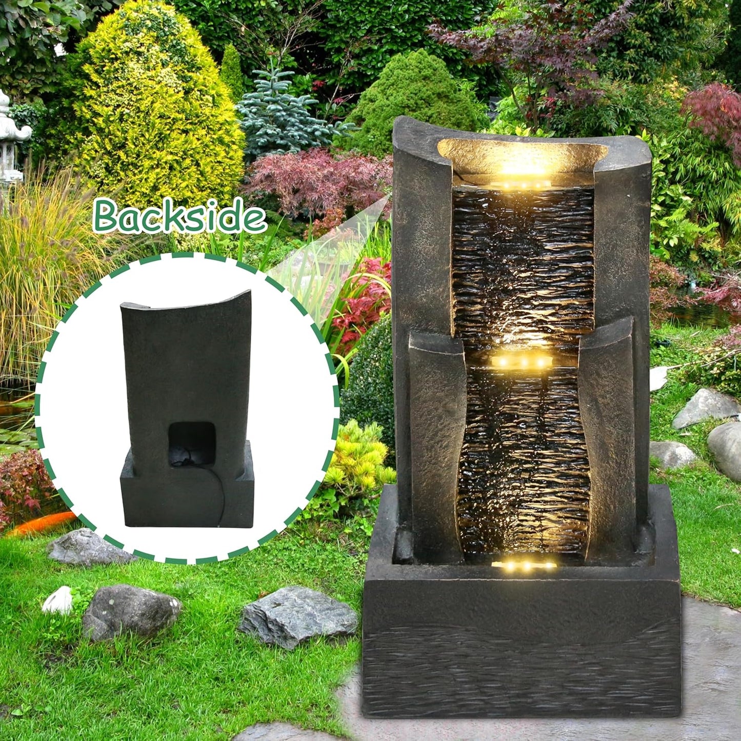 3-Tiers Outdoor Rock Water Fountain with LED Light, Standing Cascading Water Feature, Faux Stone Waterfalls Fountain Decor for Garden Patio Yard Lawn and Deck (Grey)