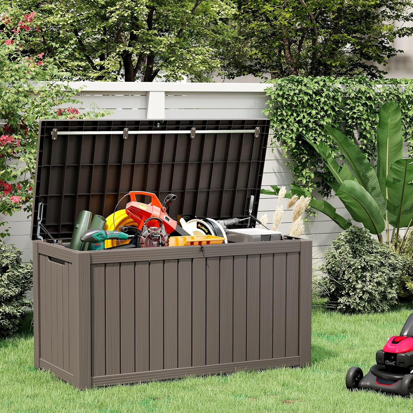 150 Gallon Resin Deck Box, Large Indoor and Outdoor Storage Box, Weatherproof and UV Resistant Outdoor Storage Box with Built-in Steel Beams for Patio, Cushions, Pool Supplies