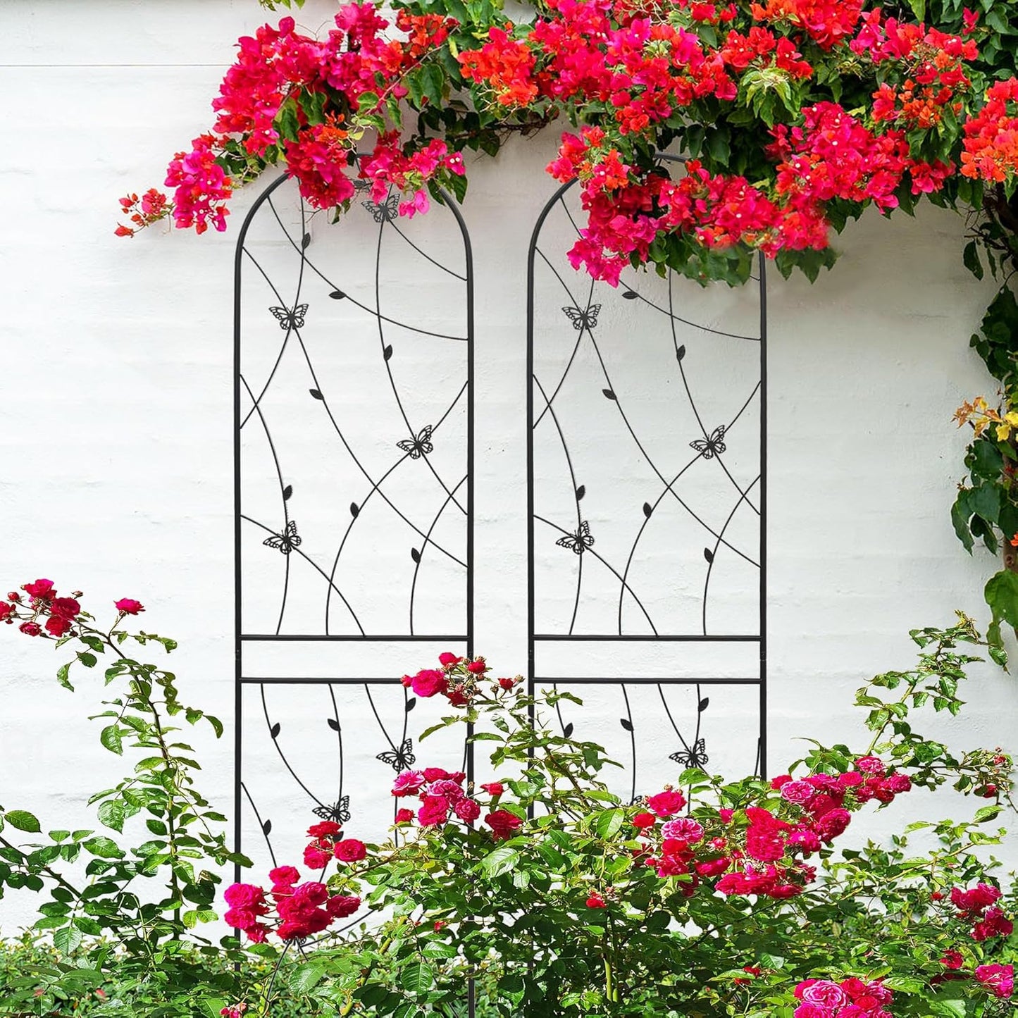 4 Pack Metal Garden Trellis for Climbing Plants, 86.7" Tall Rustproof Outdoor Trellis Panel with Butterfly Design, Decorative Black Iron Plant Support for Vine, Rose, Flower, Garden Wall