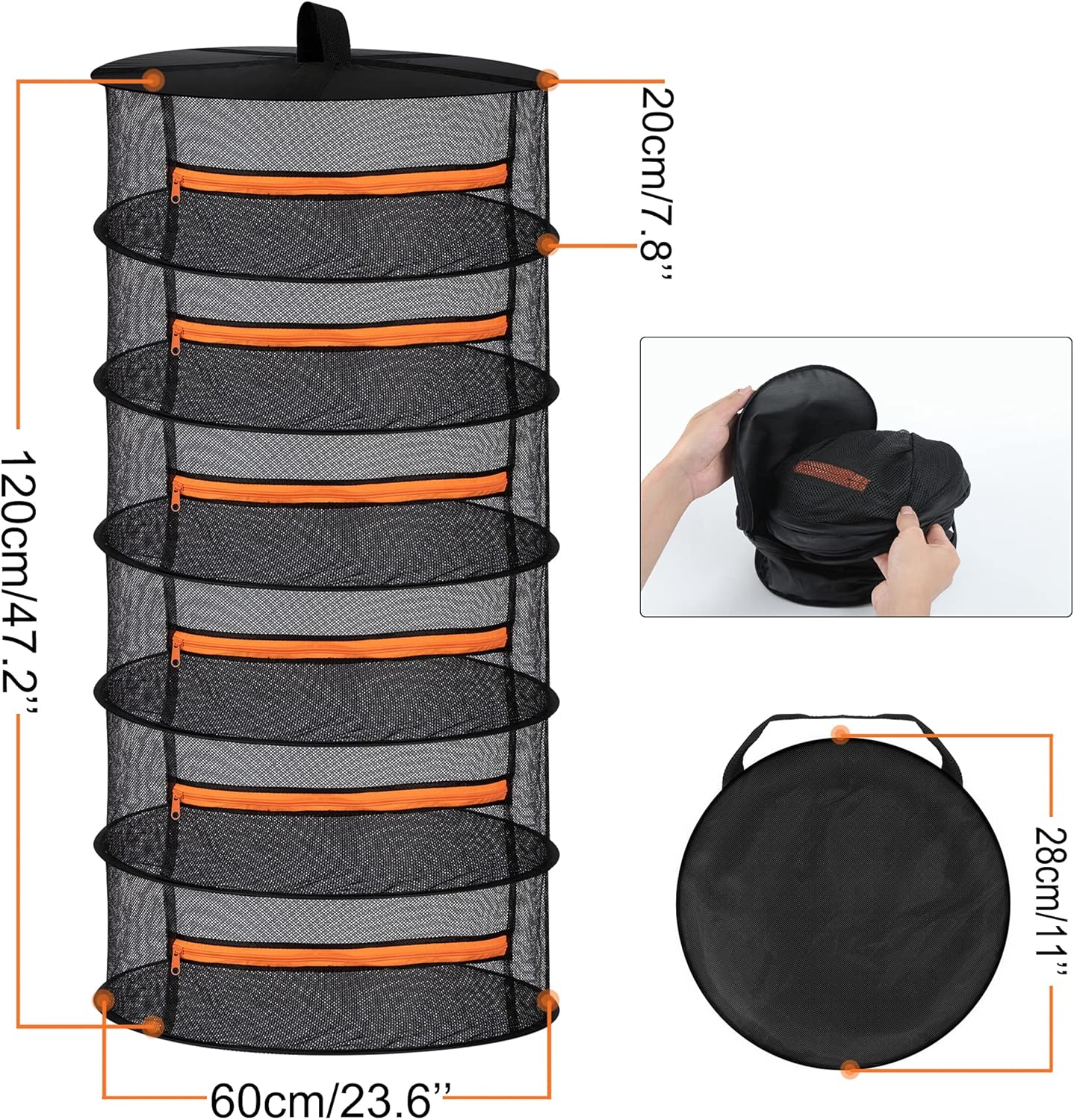 Desy & Feeci Herb Drying Rack-2ft Diameter 6 Layer Folding Mesh Hanging Basket Dryer Net with Zippers for Seeds Flowers Buds Plants Garden Outdoor Bumper Harvest(D24xH47 inch)