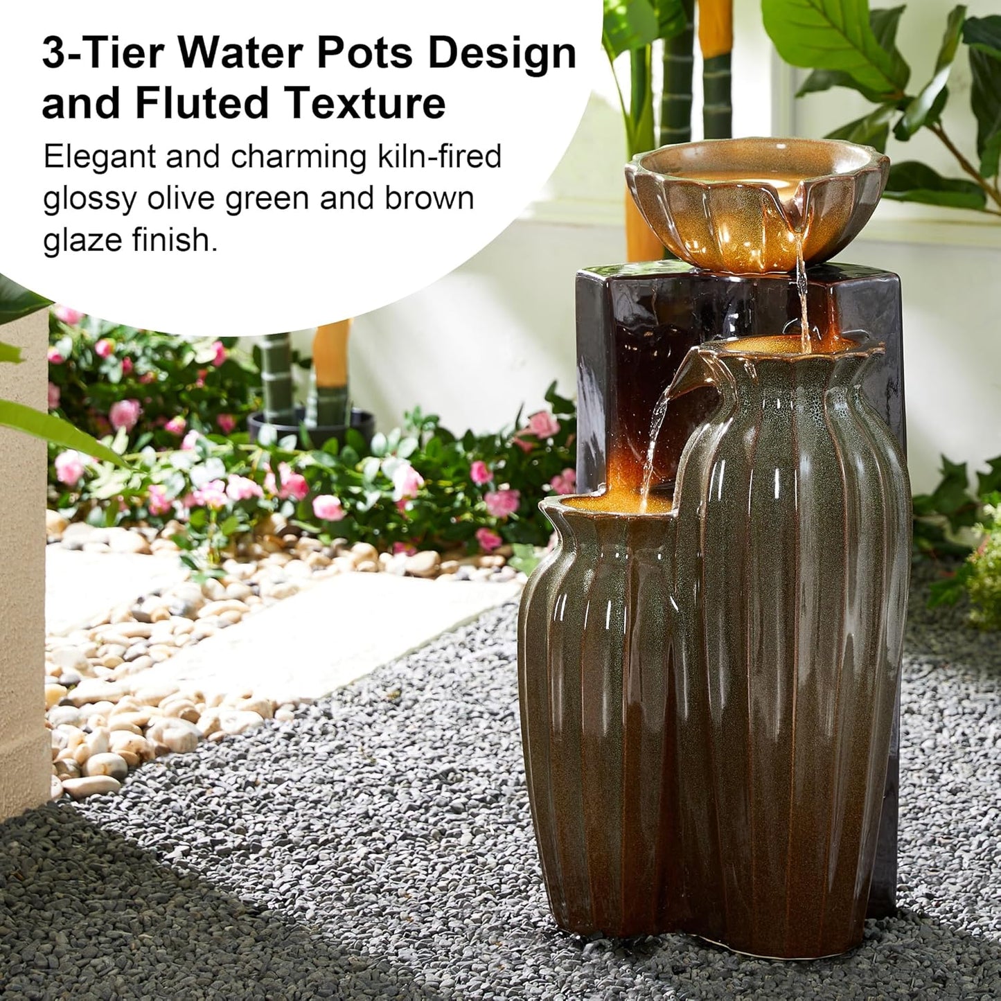Glitzhome 26.75" H Ceramic Outdoor Water Fountain with LED Lights and Pump, Two Tone Olive Green and Brown Reactive Fluted Texture Cascading Waterfall Floor Standing Fountain for Porch Garden Patio