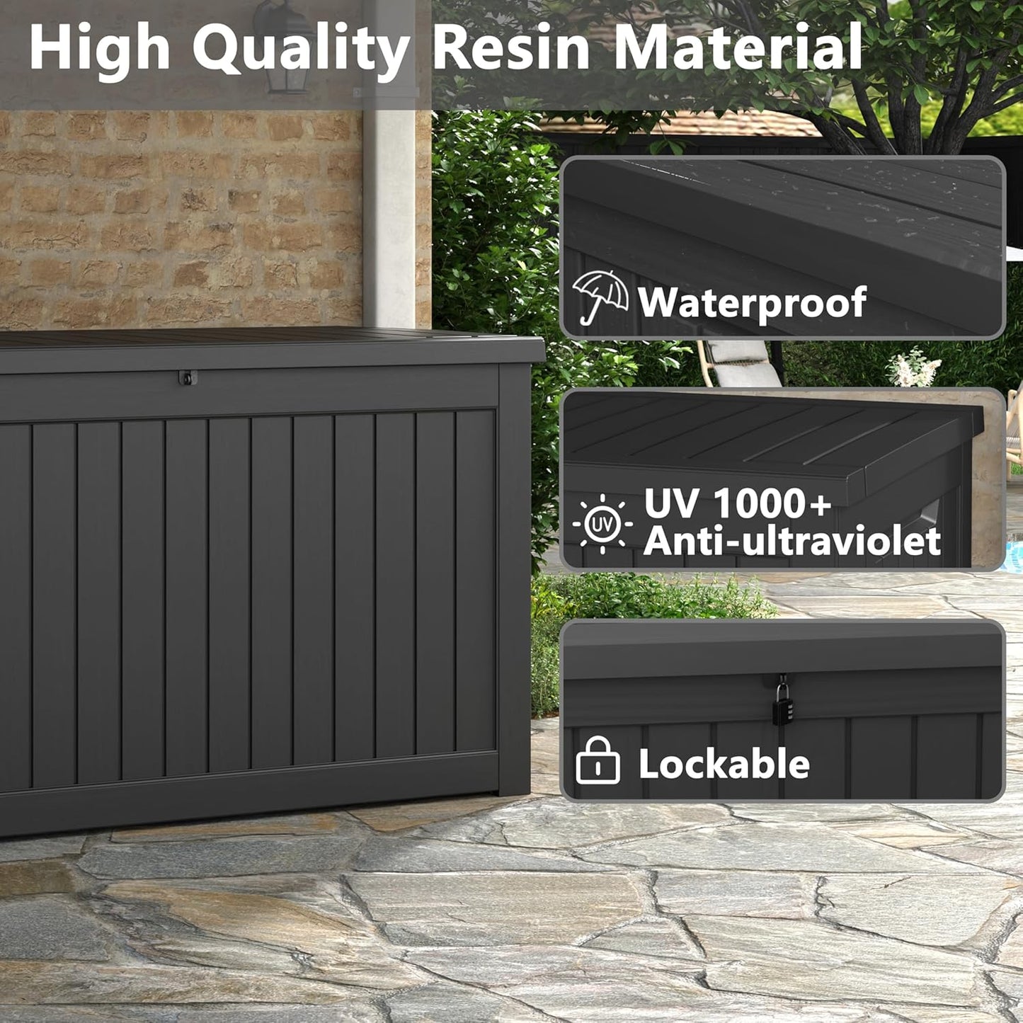 230 Gallon Outdoor Storage Box, Deck Box Resin Waterproof and UV Resistant Lightweight Deck Box for Garden Tools, Pool Supplies Organization