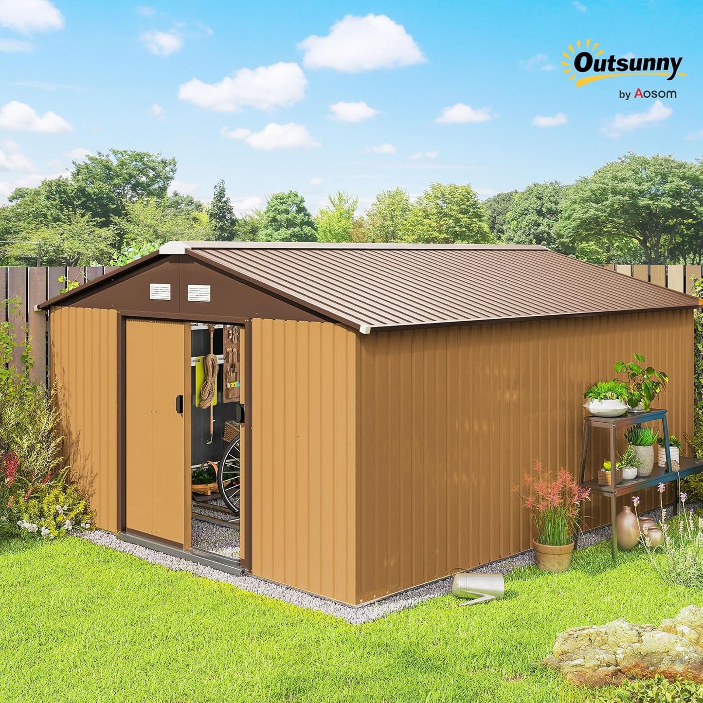 Outsunny 11' x 13' Outdoor Storage Shed, Garden Tool Metal Shed with Foundation Kit, Double Lockable Door, Air Vents and Sloping Roof, for Backyard, Patio, Lawn, Yellow