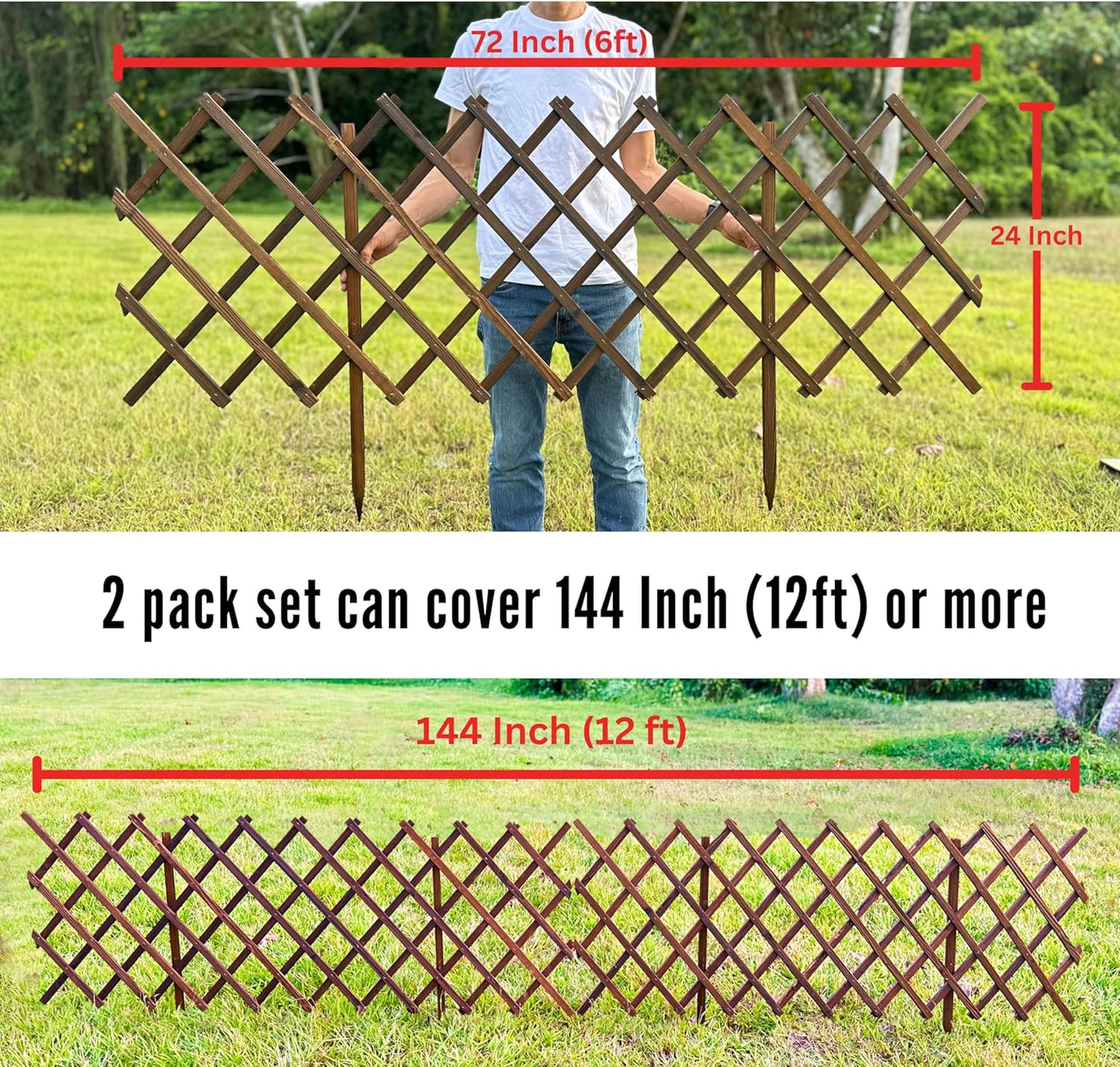 ShopLaLa Garden Fence - 2 Pack, Total 12ft (L) Wooden Lattice Flower Edging for Yard Lawn Landscape Patio Outdoor Decor, Expandable Plant Trellis Decorative Fences and Gates, Animal Barrier for Dogs