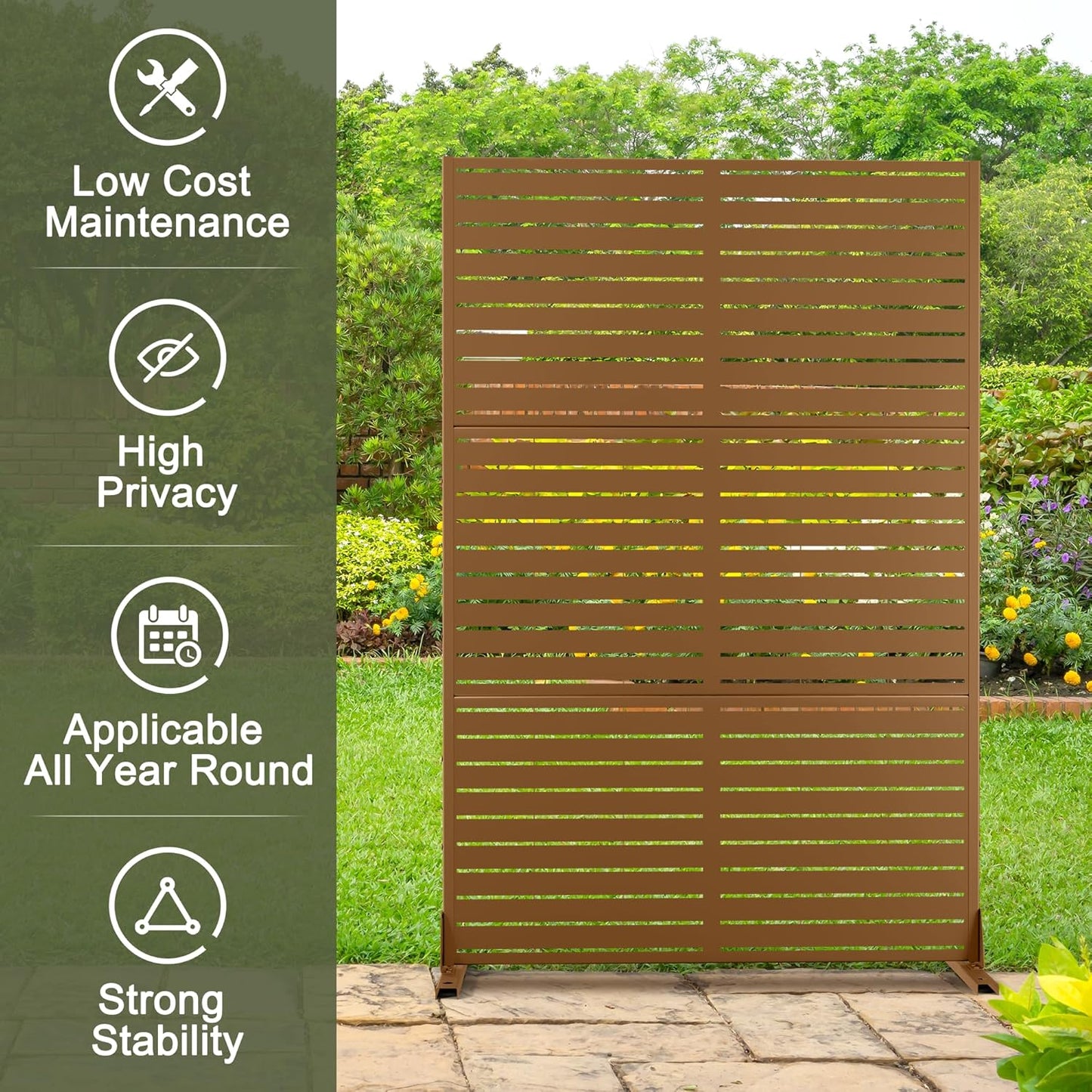 Metal Privacy Screen Outdoor 72" H×47" W, Freestanding Decorative Privacy Screen for Balcony Yard&Garden,Privacy Fence-Brown&Louvered