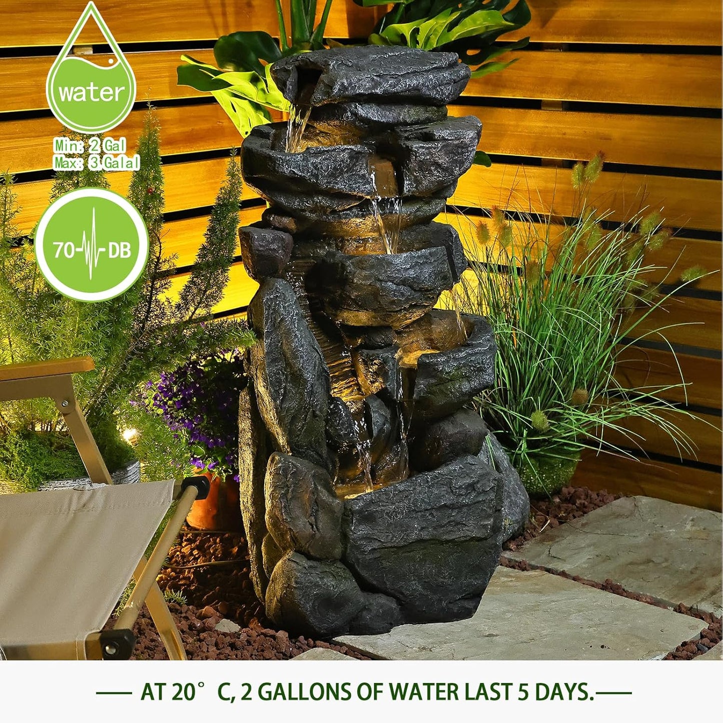 Water Features Outdoor Patio 6-Tier Cascading Rock Water Fountain 31.5''Water Fall Fountain Outside Resin Fountain with Light Mossy Rock Floor Garden Fountain Indoor for Relaxation Home Decor