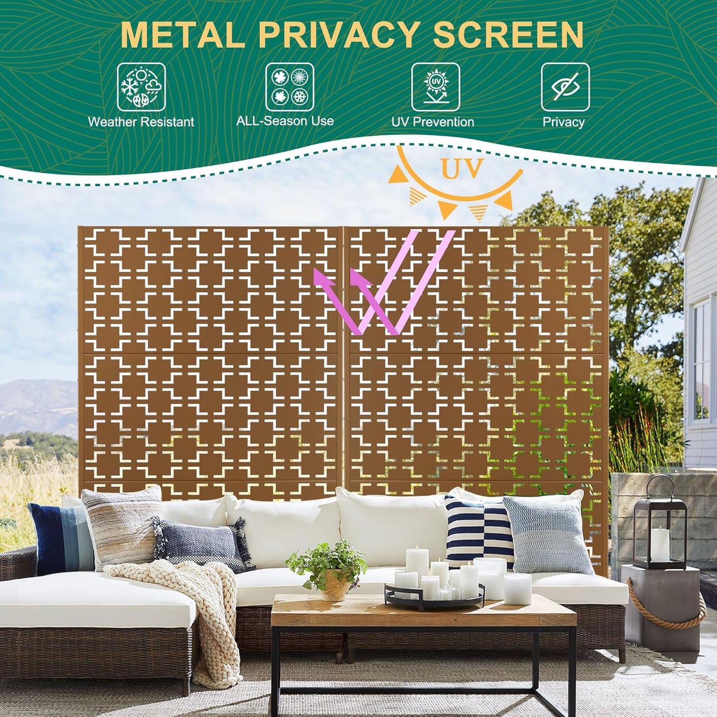 72" H47" W Metal Outdoor Privacy Screen - Freestanding, Decorative Fence (3 Panels)