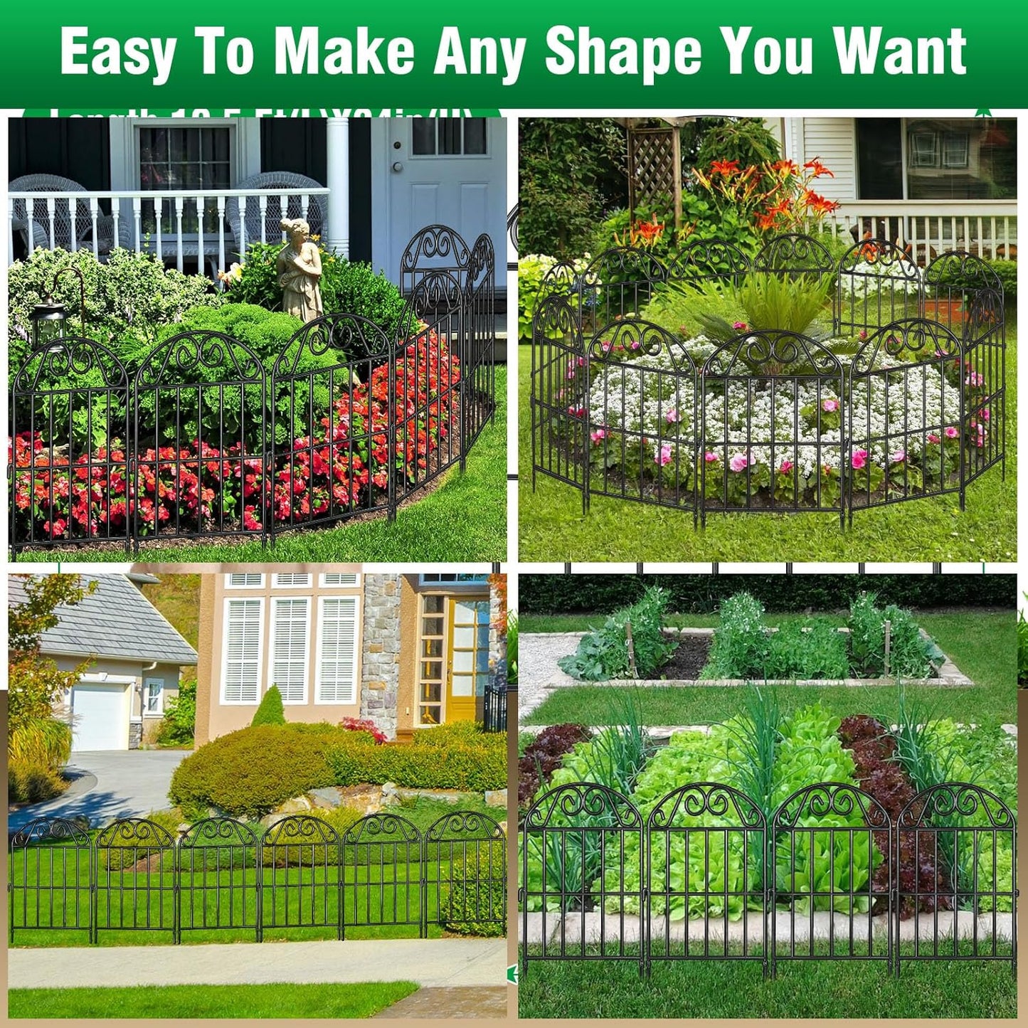 ADAVIN 24 Panels Collapsible Garden Fence Animal Barrier,26 Ft(L) x 24 in(H) Black Rustproof Metal Wire Panel Border for Dogs Rabbits, Flower Edging for Landscape Patio Yard Outdoor Decor, Arched