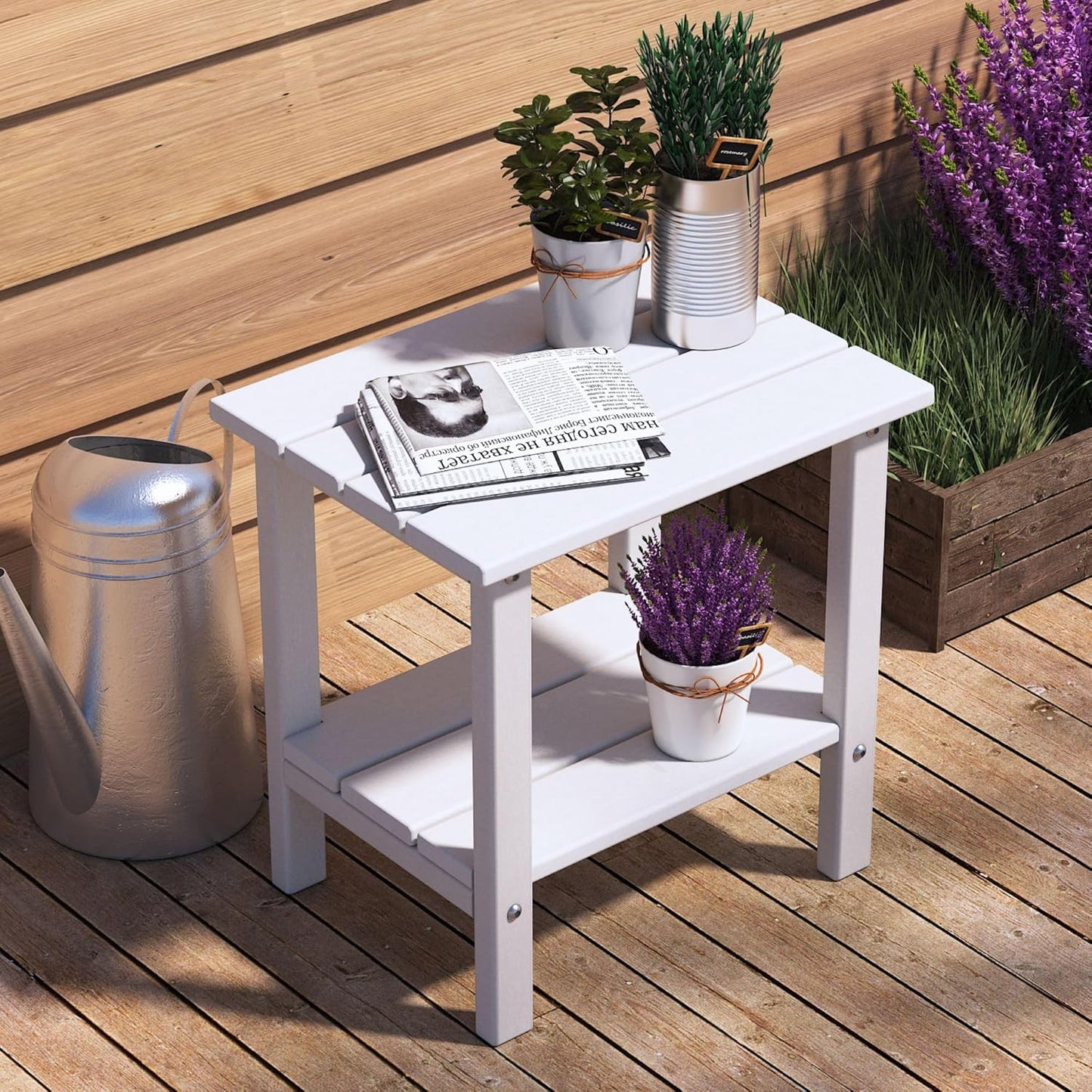Outdoor Adirondack Side Table, 2-Tier Storage Patio Side Table, Weather Resistant Patio End Table for Backyard & Pool, Durable HDPE Small Outdoor Table (White)