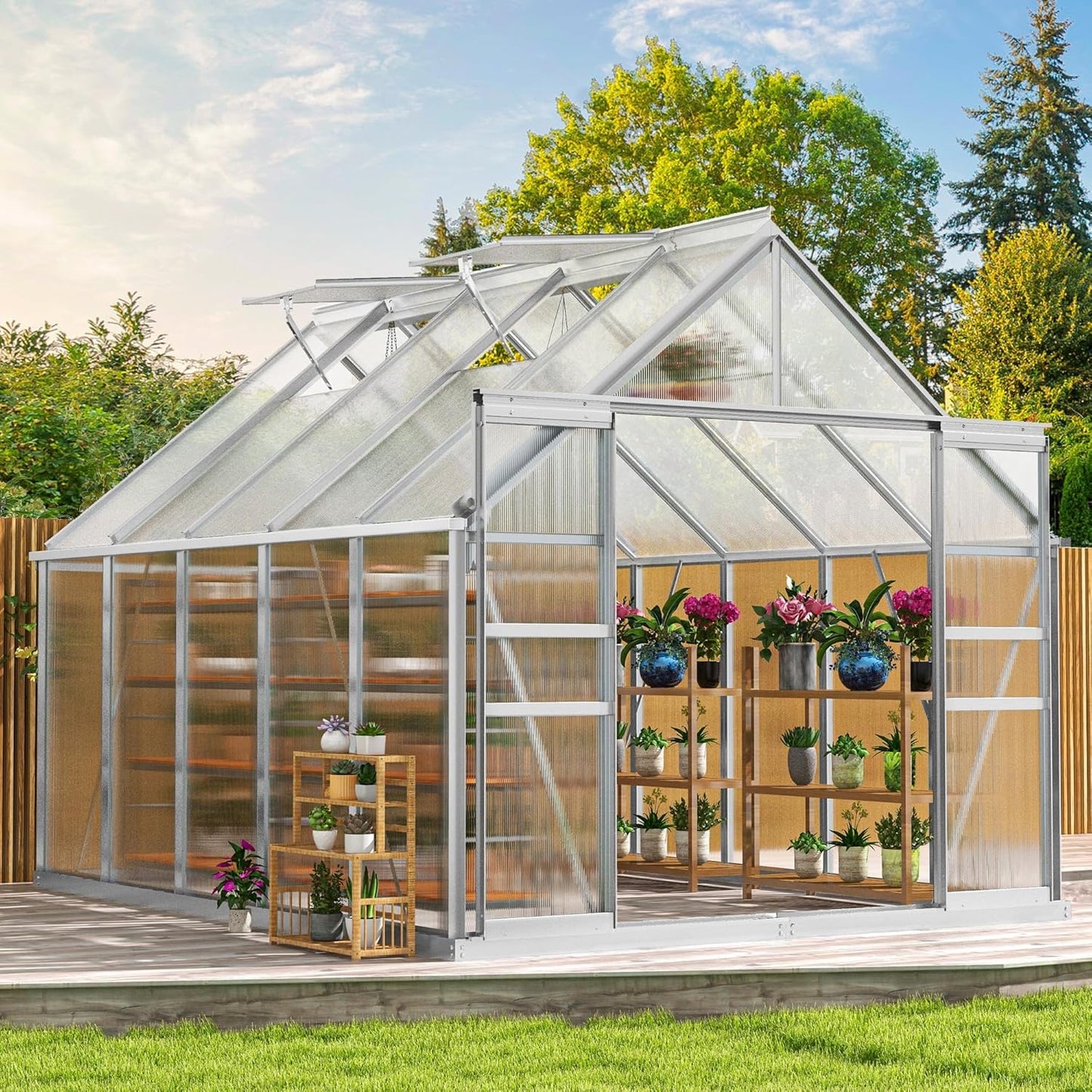 DWVO 8x10FT Polycarbonate Greenhouse for Outdoors, Large Heavy Duty Aluminum Greenhouses with Sliding Doors and Vent Window, Walk-in Greenhouse Large Sun House for Garden Backyard, Sliver