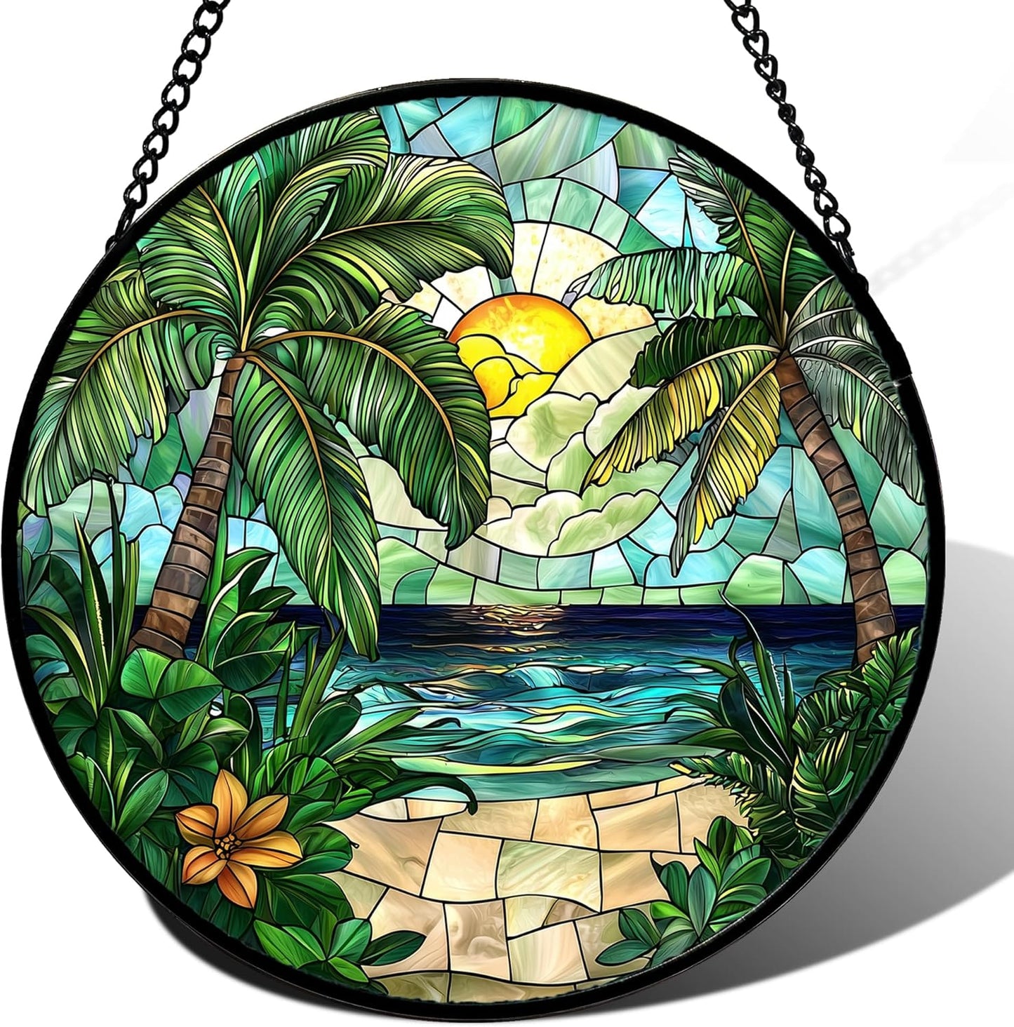 Stained Glass Window Hanging, Green Beach Scenery Suncatcher Diamond Glass Panel Hangings Sun Catchers Decor for Birthday for Women, Men, Wife, Aunt, and Mom 14.9x14.9 in