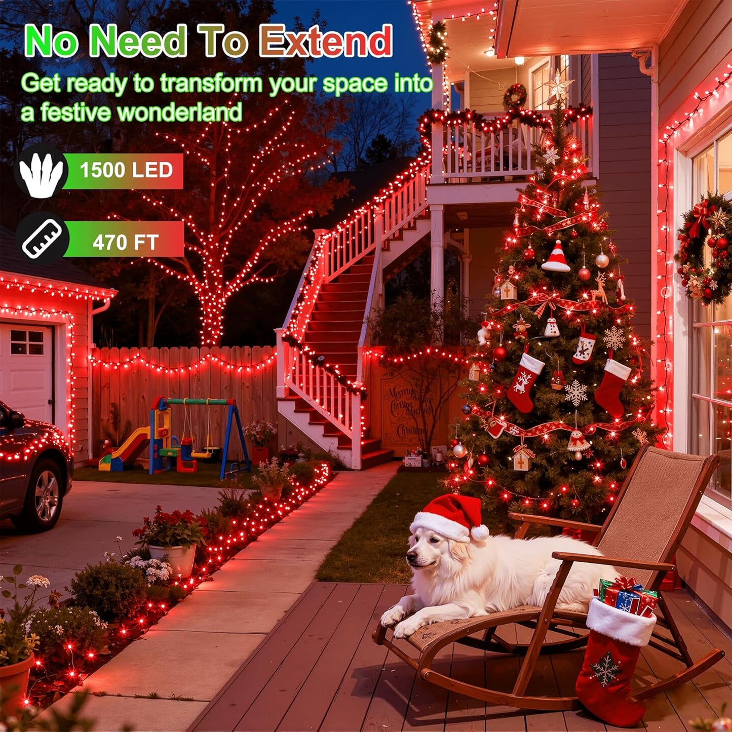 1500LED Christmas Lights Outdoor Use, 470ft 12 Modes Red LED String Lights with Timer Dimmable, Waterproof Christmas Tree Lights for Xmas Patio Yard Fence Balcony Garden Party Decor Red